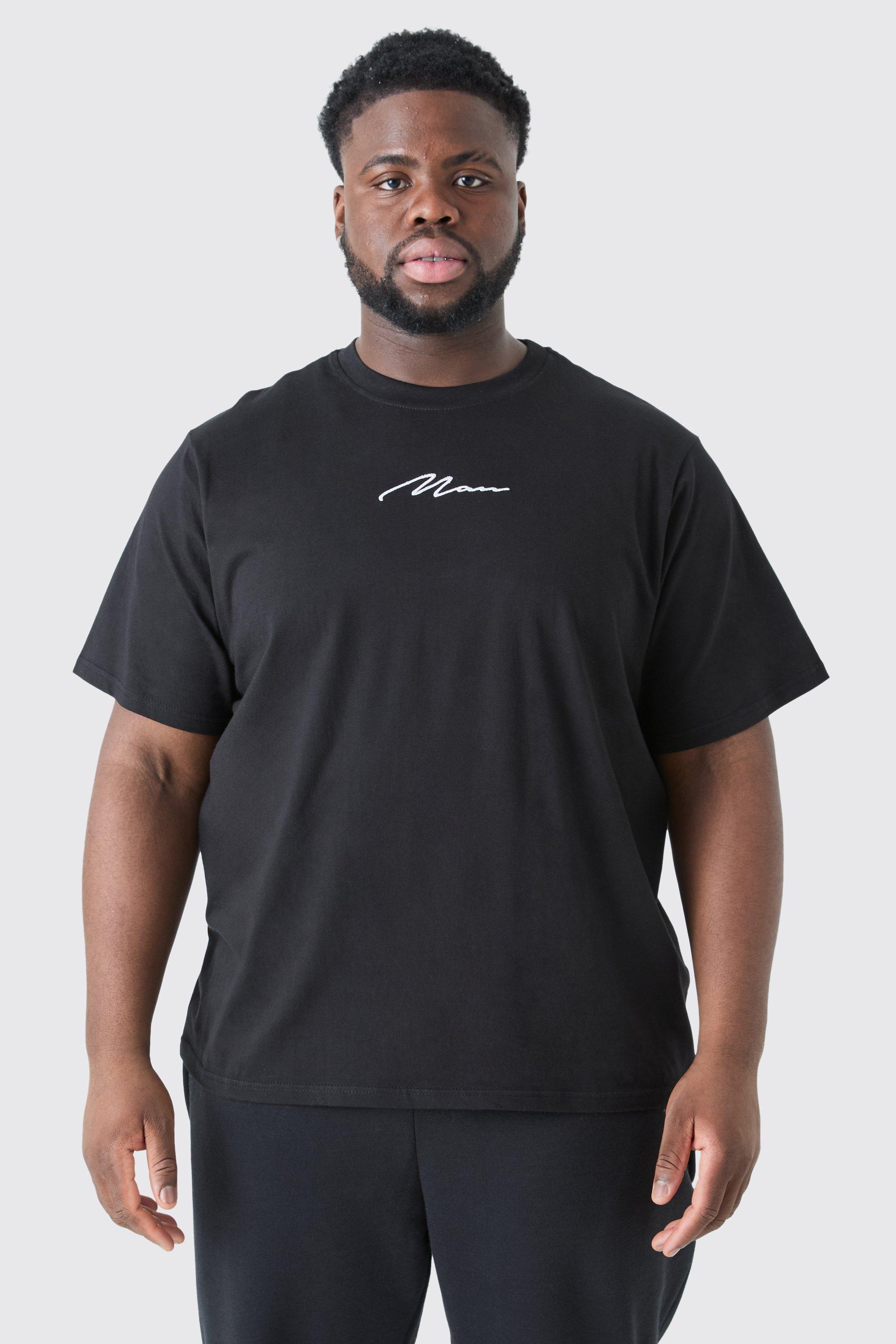 Mens Black Plus Man Signature Embroidered T-shirt, Black