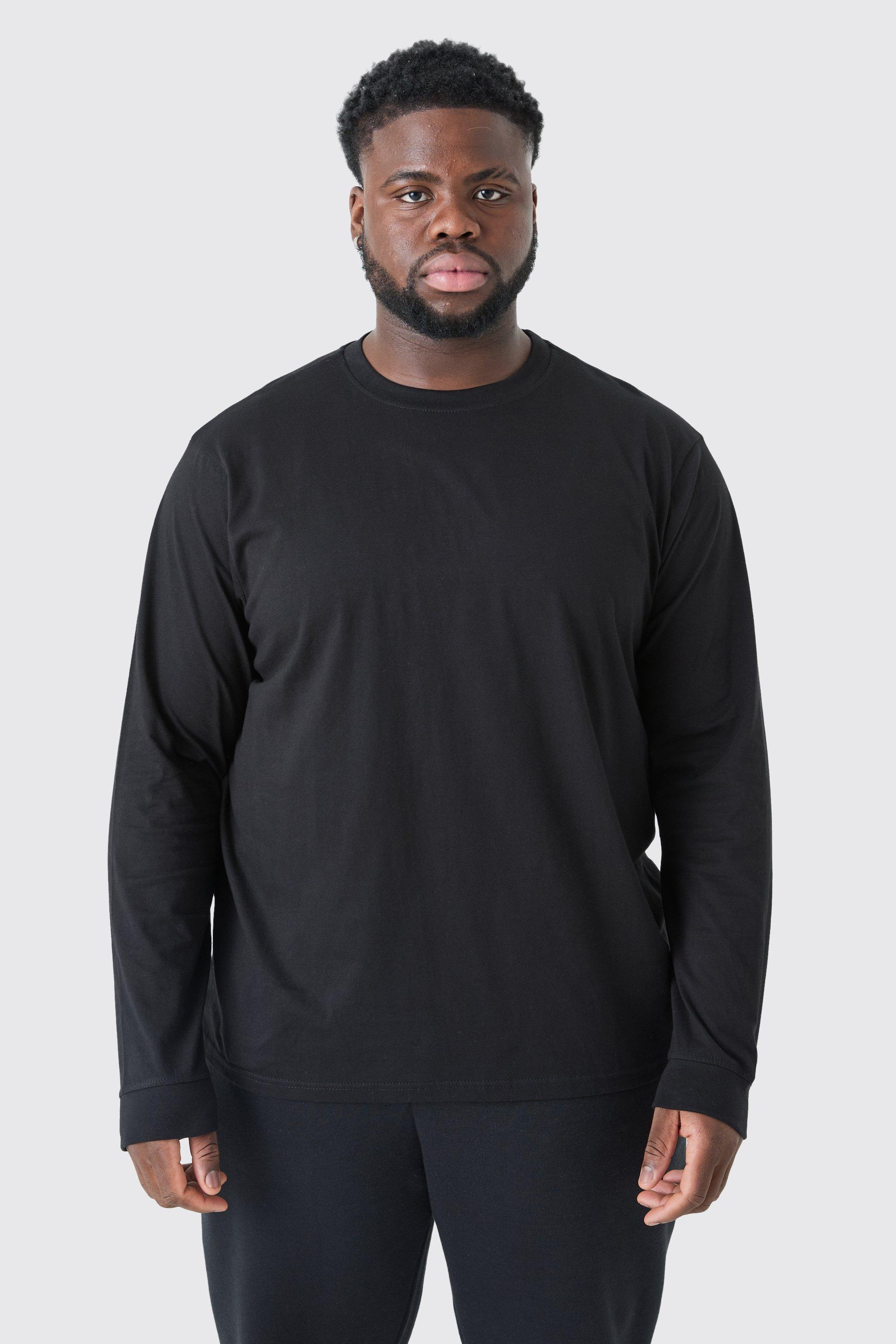 Mens Black Plus Long Sleeve Crew Neck T-shirt, Black