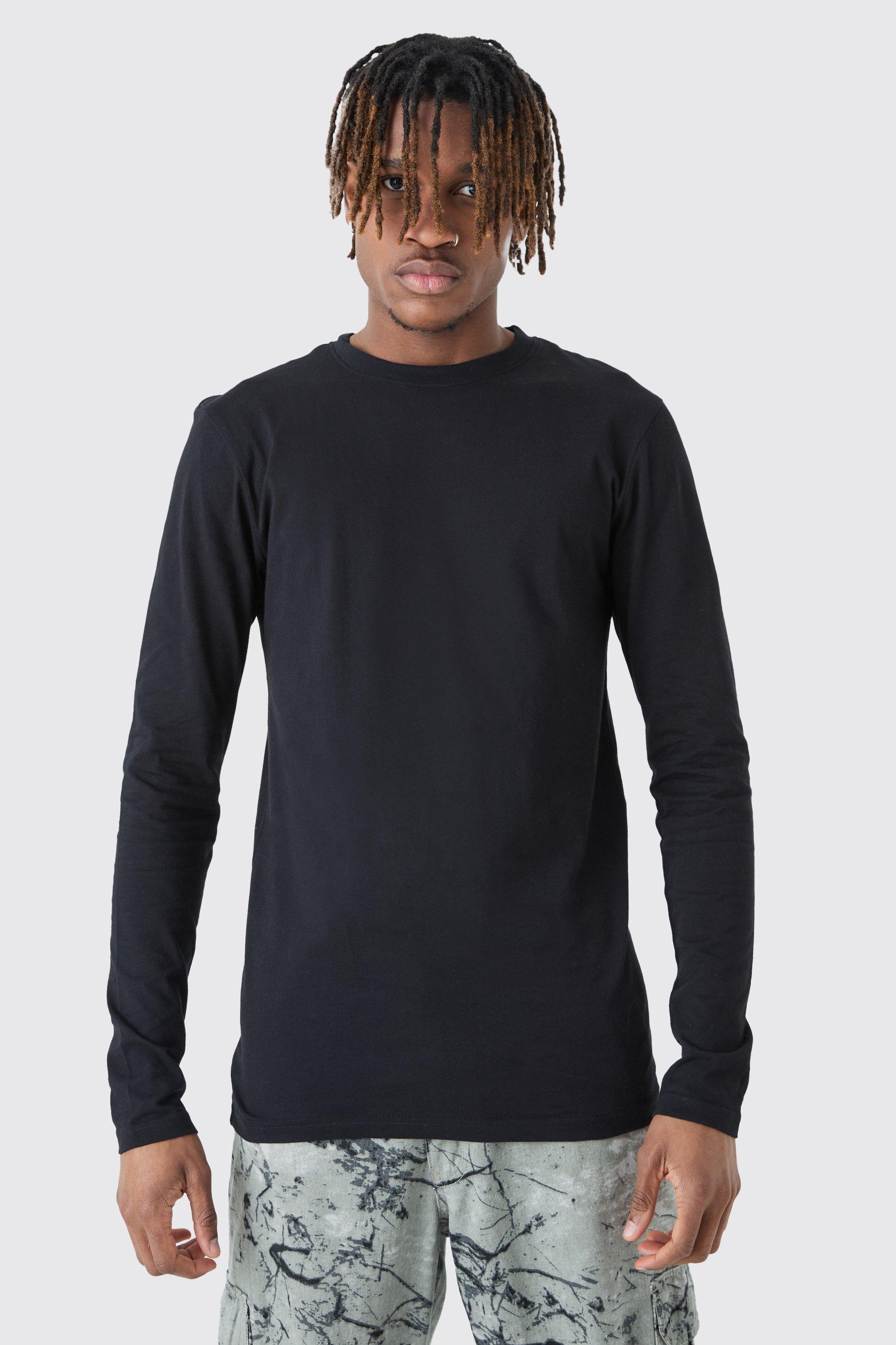 Mens Black Tall Long Sleeve Muscle Fit T-shirt, Black
