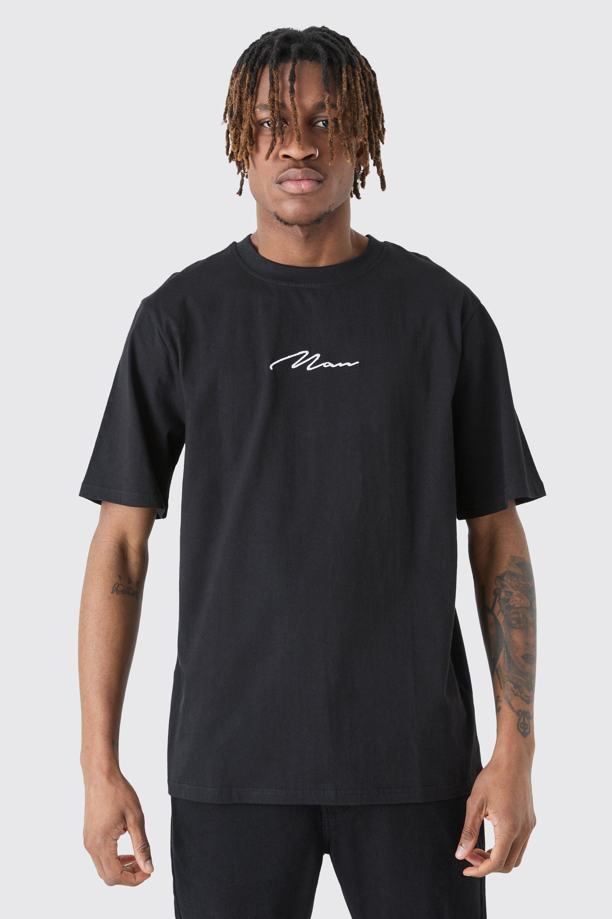 Mens Black Tall Man Signature Embroidered T-shirt, Black