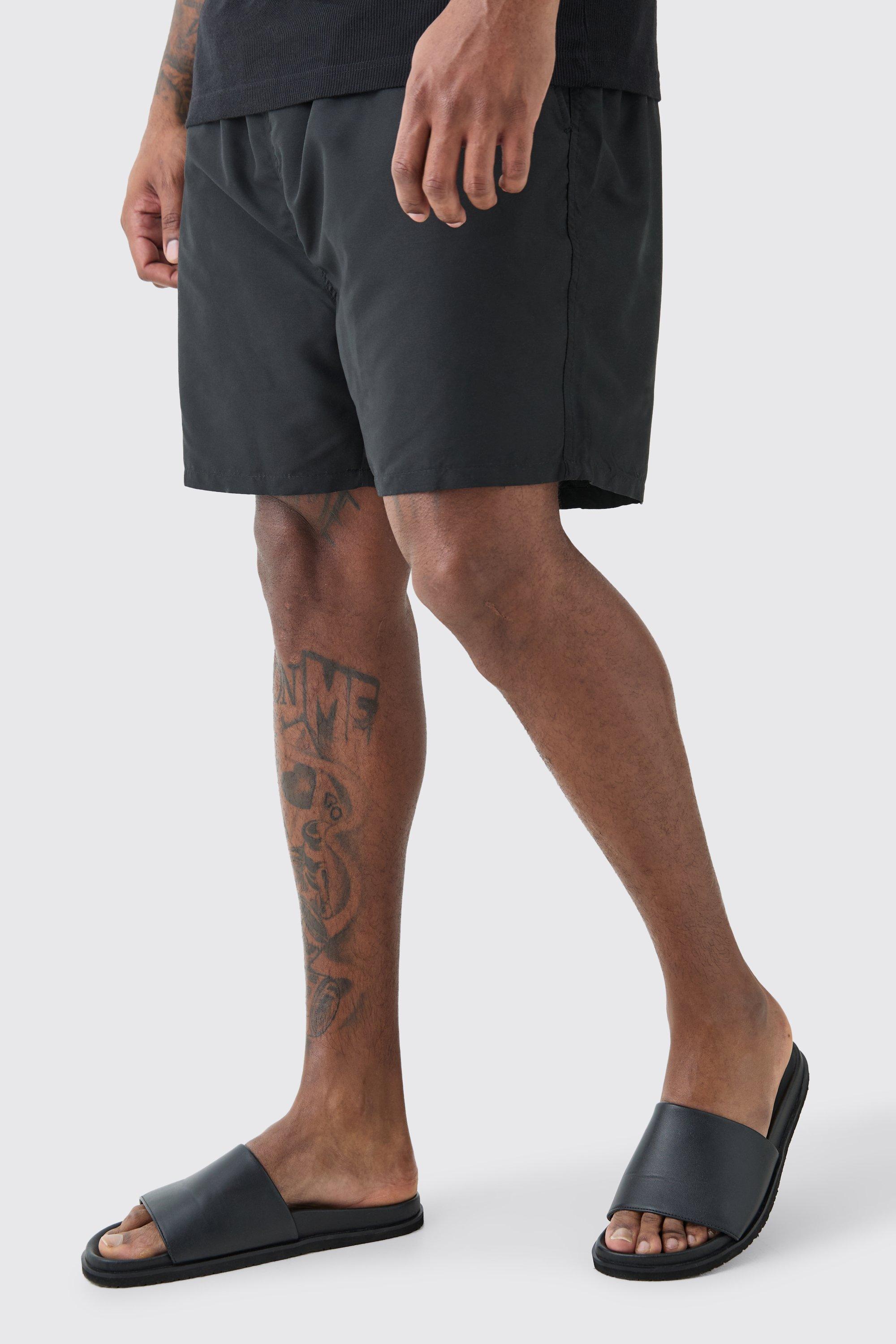 Mens Black Plus Plain Mid Length Swim Short, Black