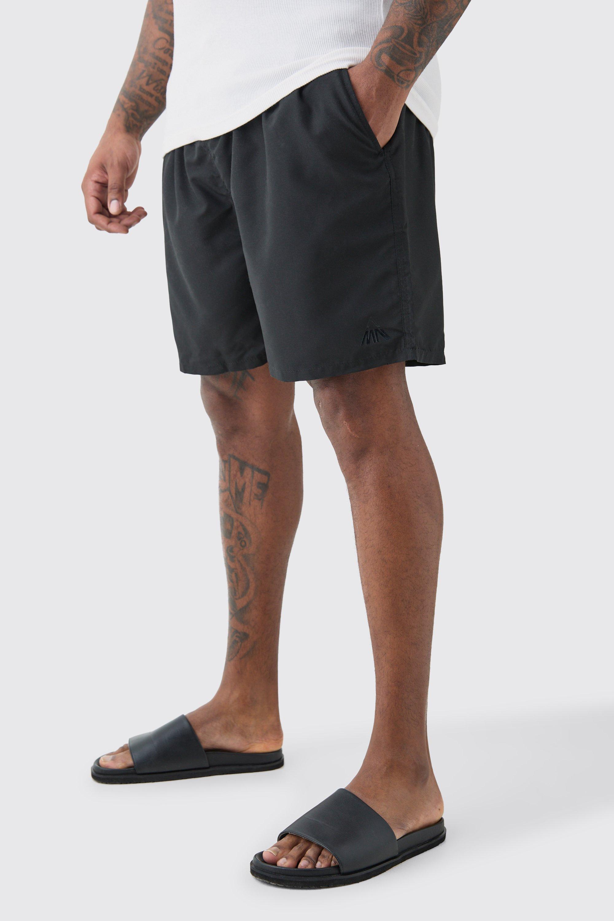 Mens Black Plus Mid Length Plain Swim Short, Black