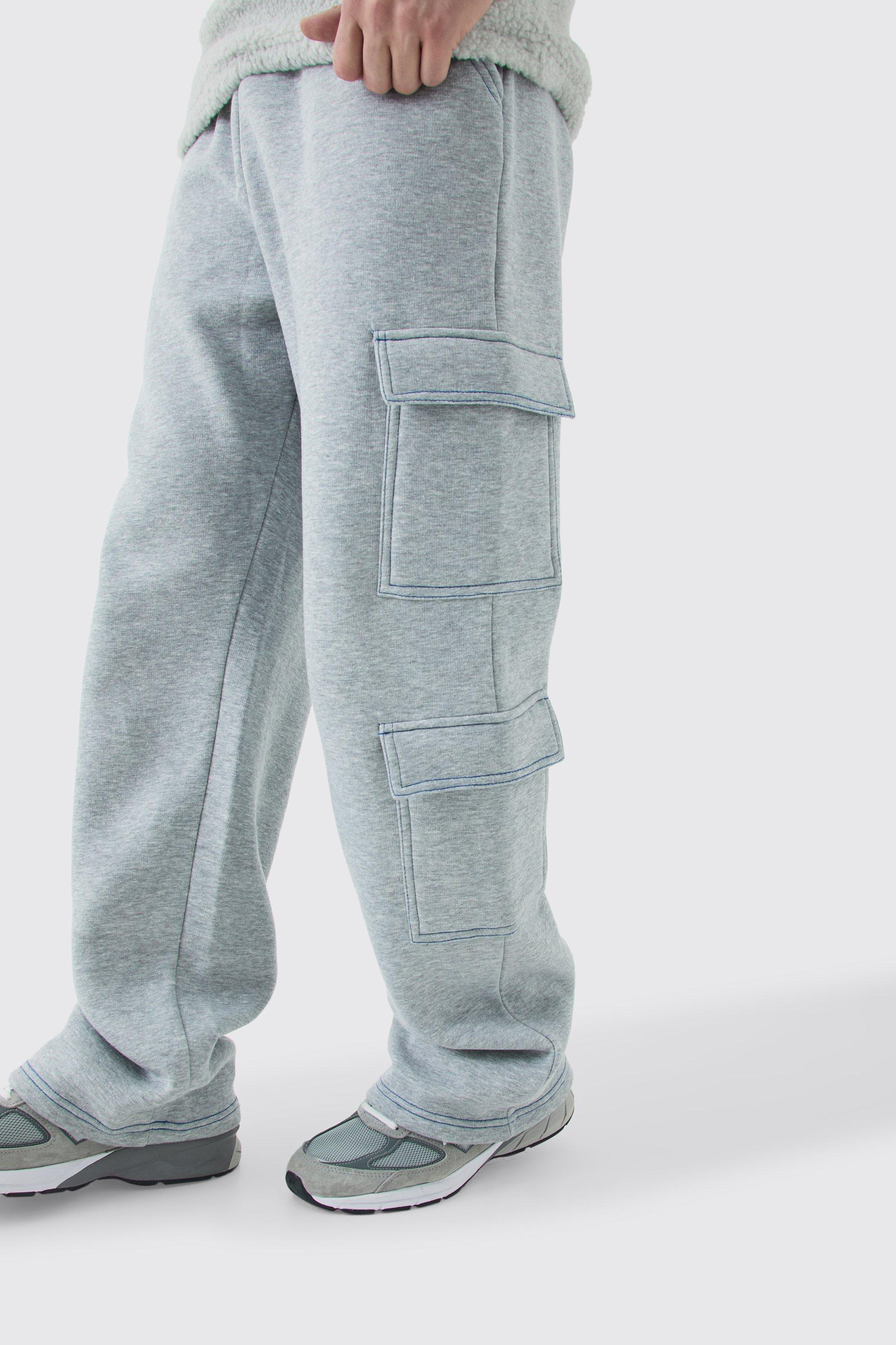Mens Grey Tall Straight Leg Top Stitch Cargo Joggers, Grey
