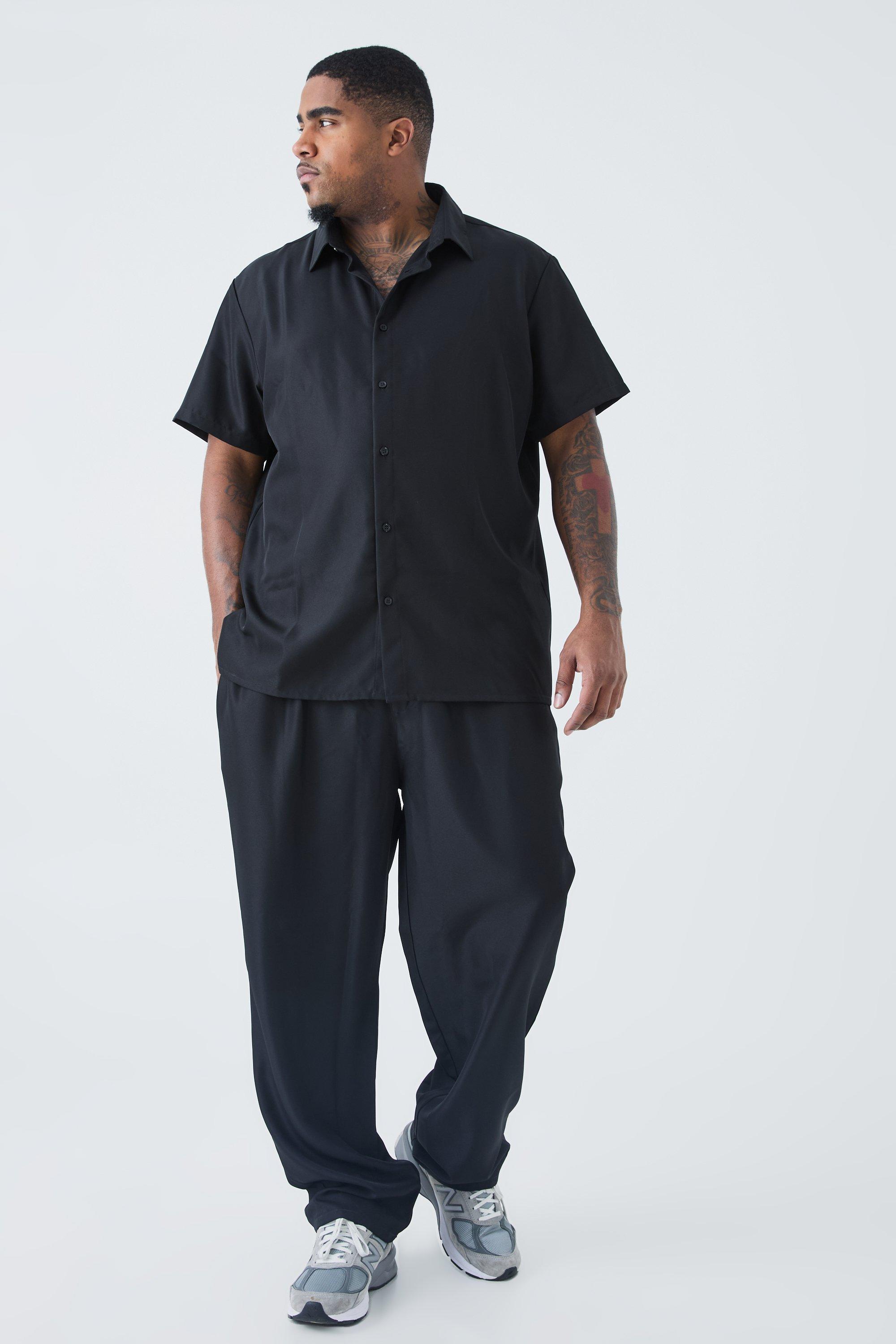 Image of Camicia Smart Plus Size a maniche corte in twill morbido & pantaloni, Nero