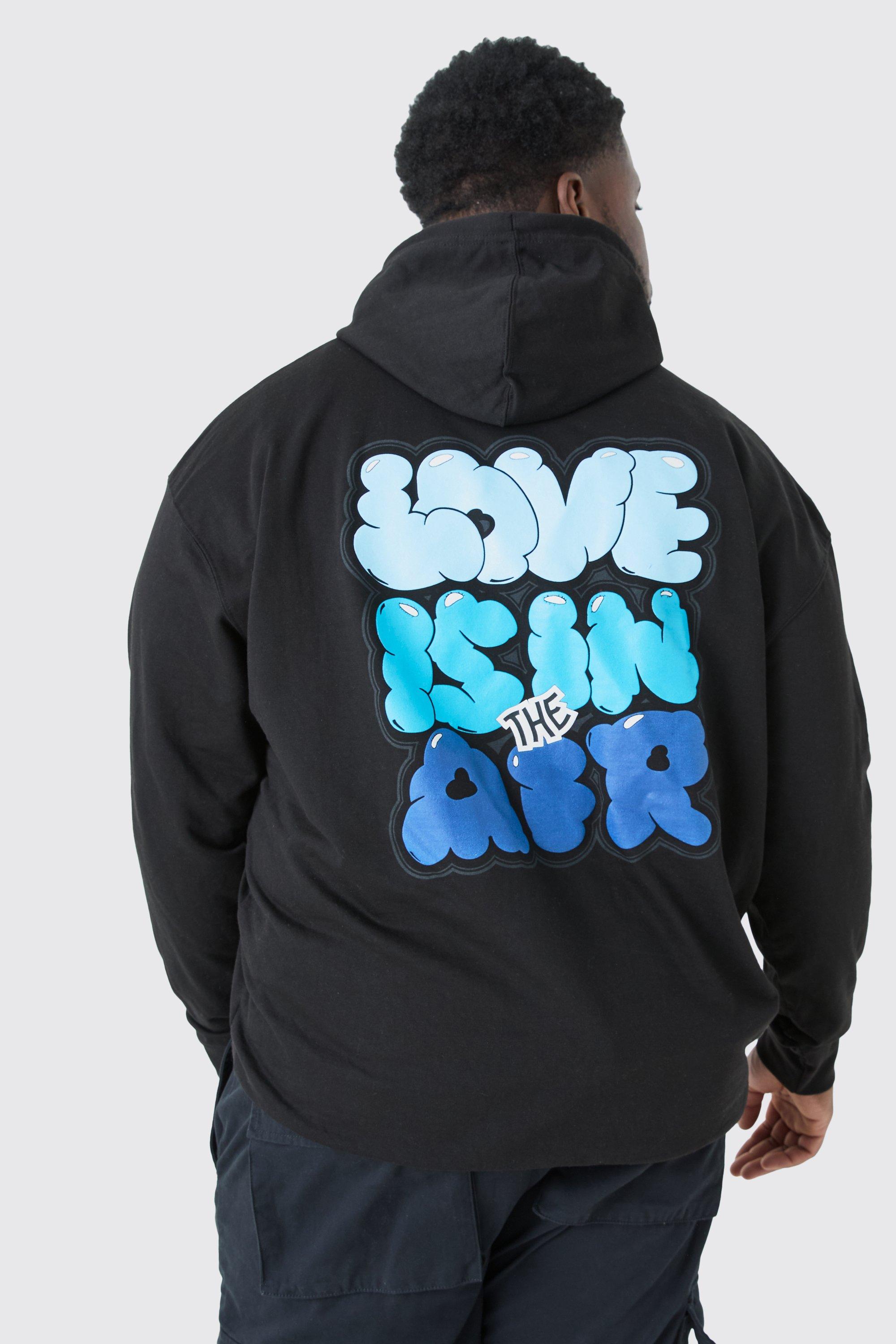 Mens Black Plus Love Is In The Air Puff Print Hoodie, Black