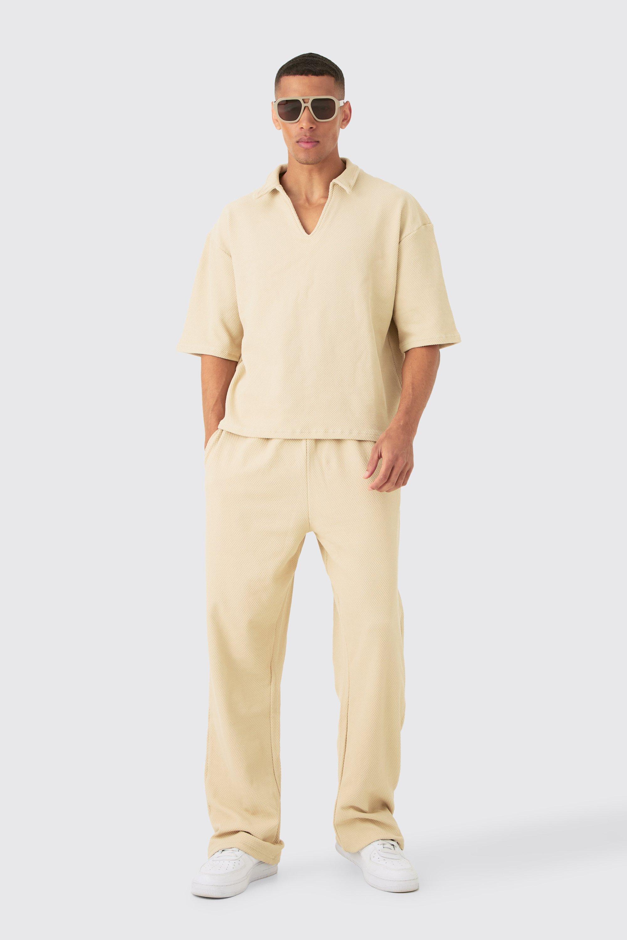 Mens Beige Oversized Boxy Half Sleeve V Neck Polo And Trouser Set, Beige