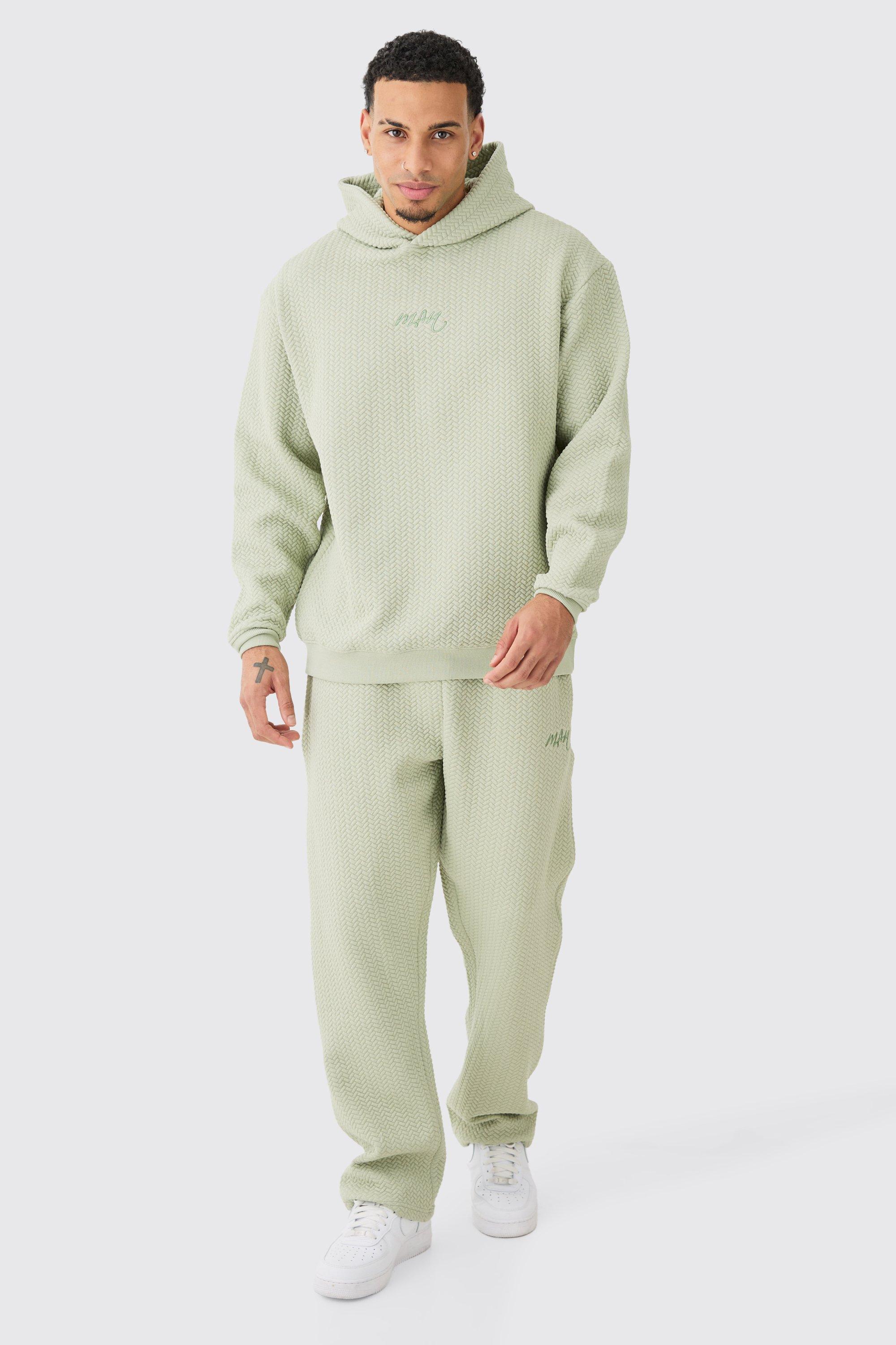 Image of Quilted Herringbone Oversized Man Embroided Hooded Tracksuit, Verde