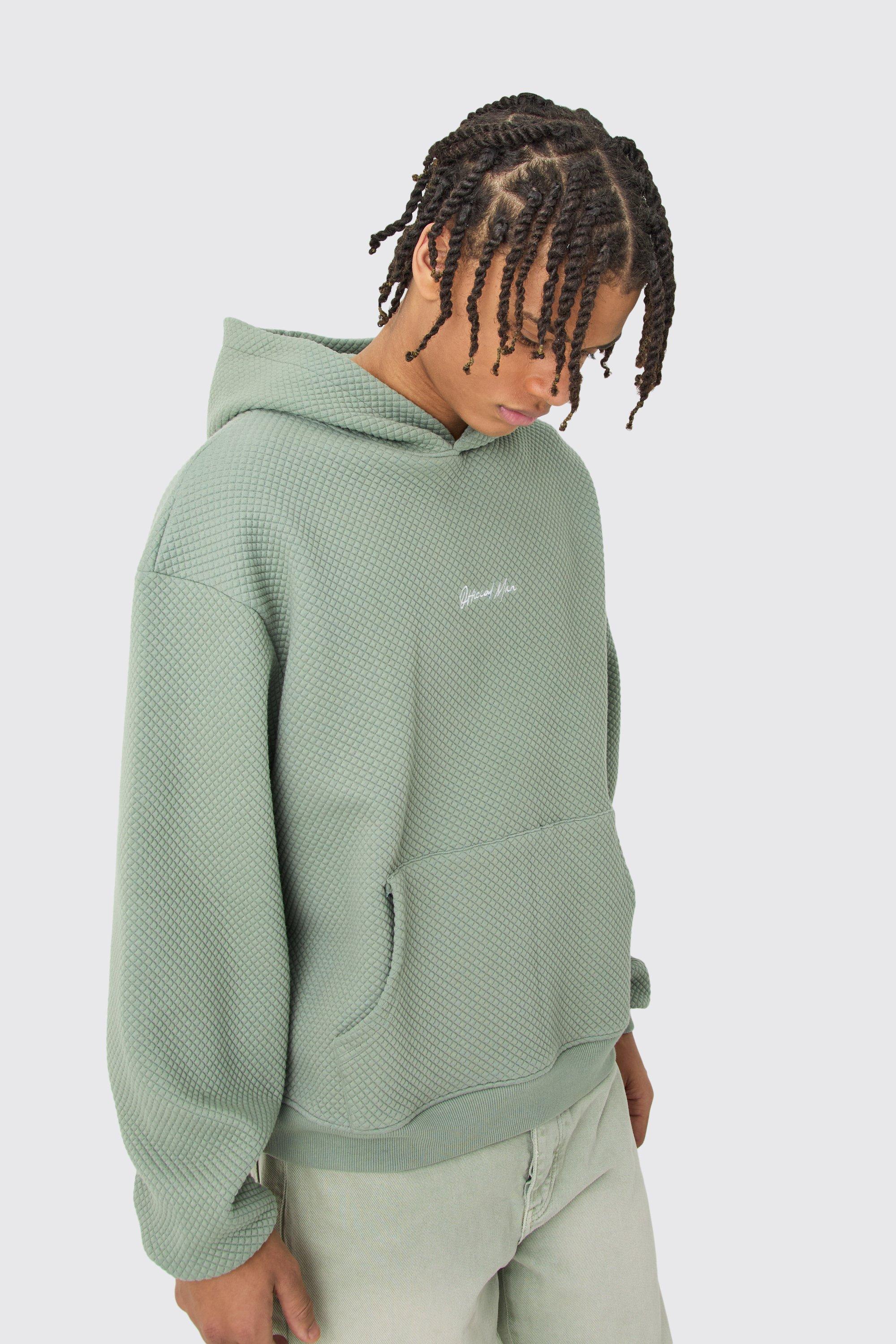 Mens Green Oversized Boxy Quilted Embroided Hoodie, Green