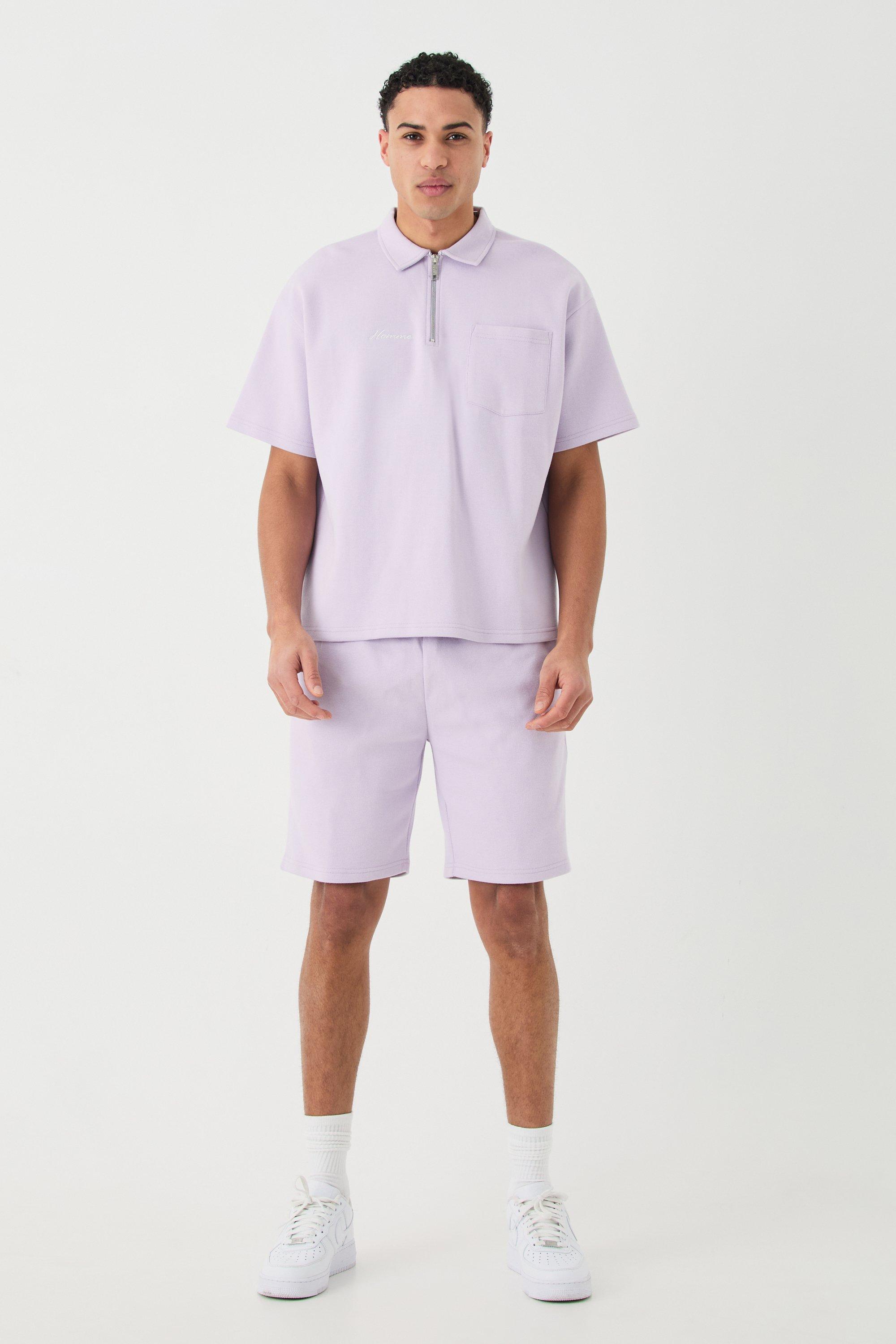 Image of Set polo oversize con ricami e zip corta & pantaloncini, Purple
