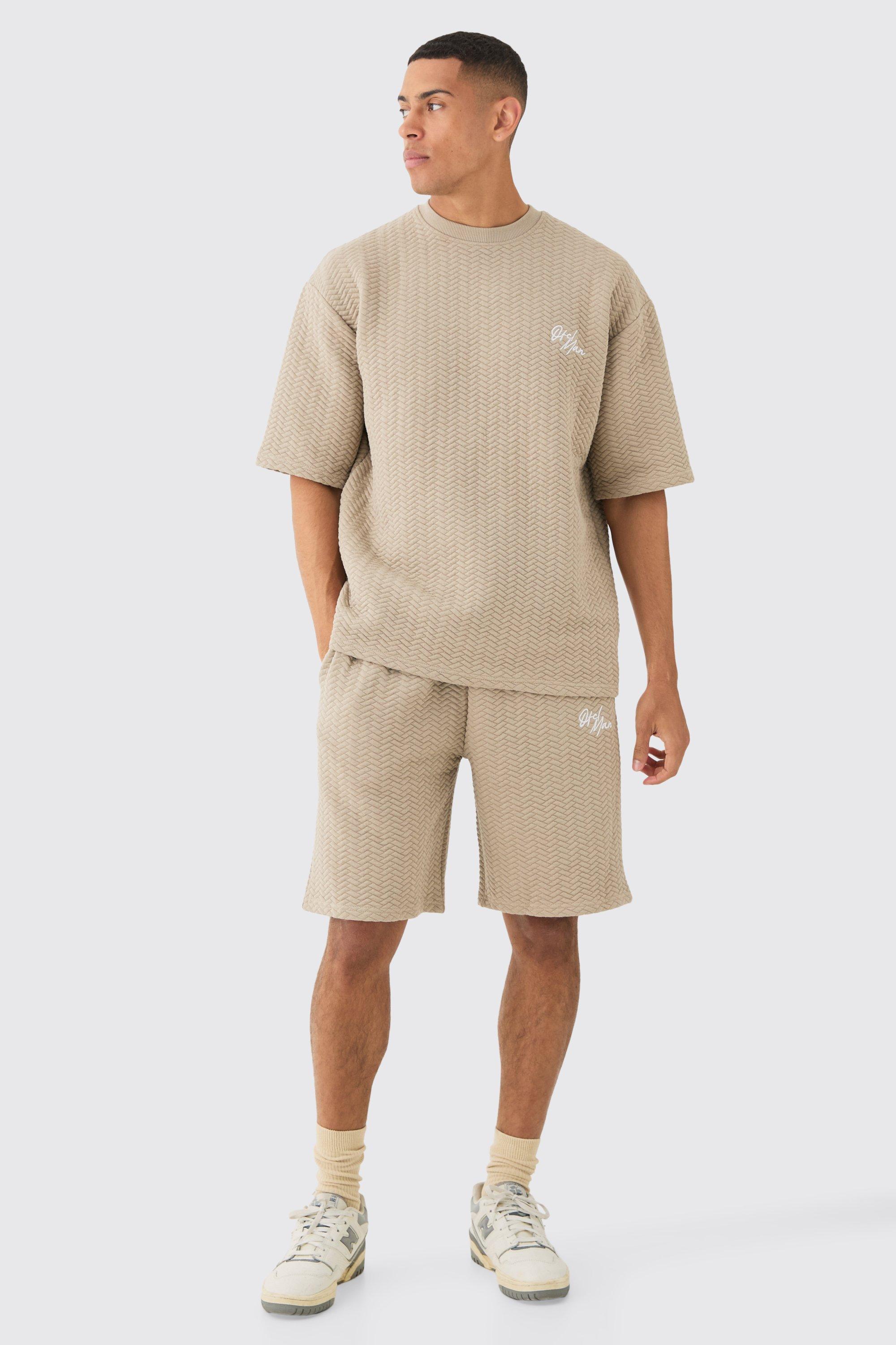 Image of Oversized Quilted Herringbone T-shirt And Short Set, Beige
