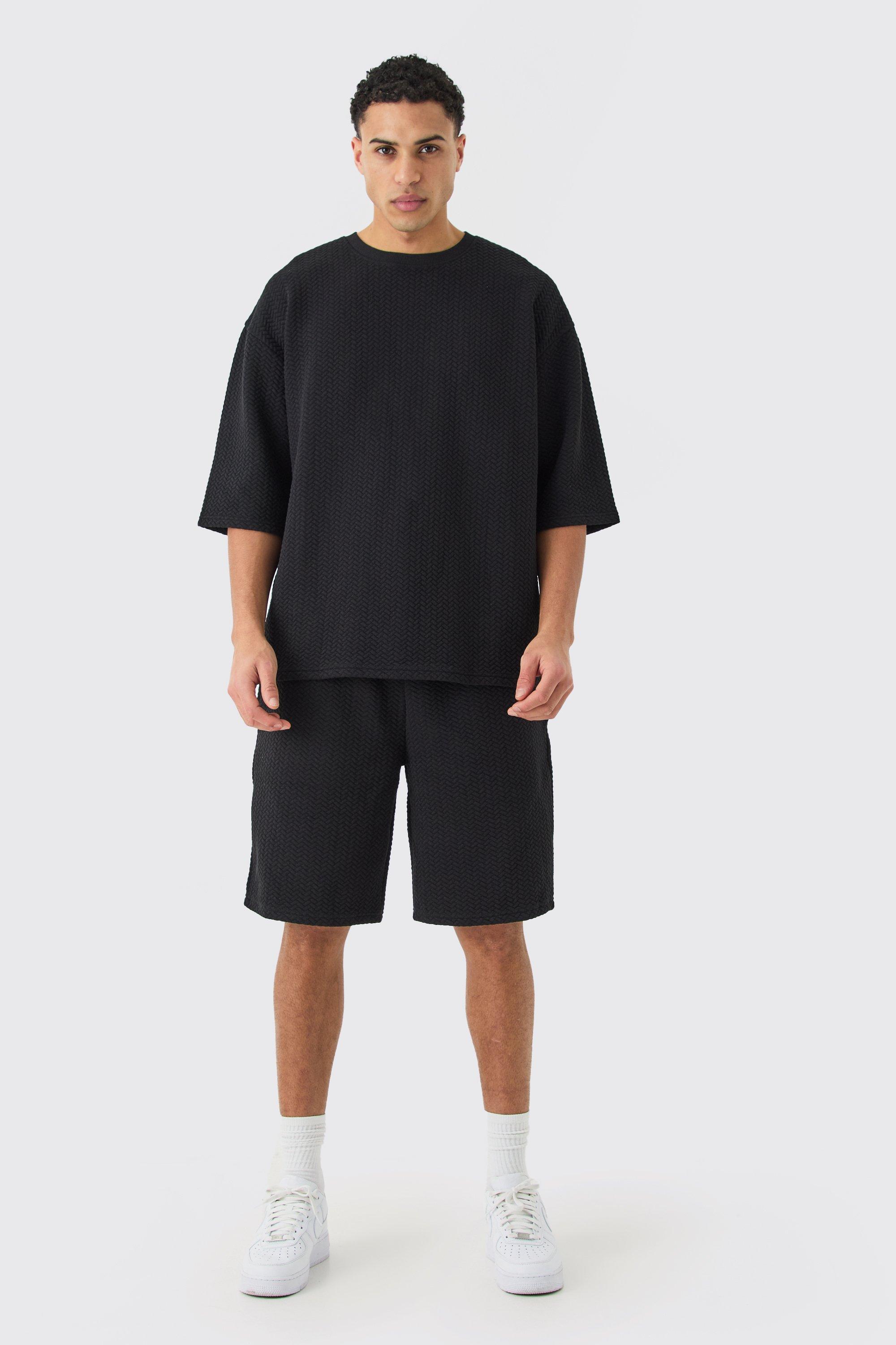 Image of Oversized Quilted Herringbone T-shirt And Short Set, Nero