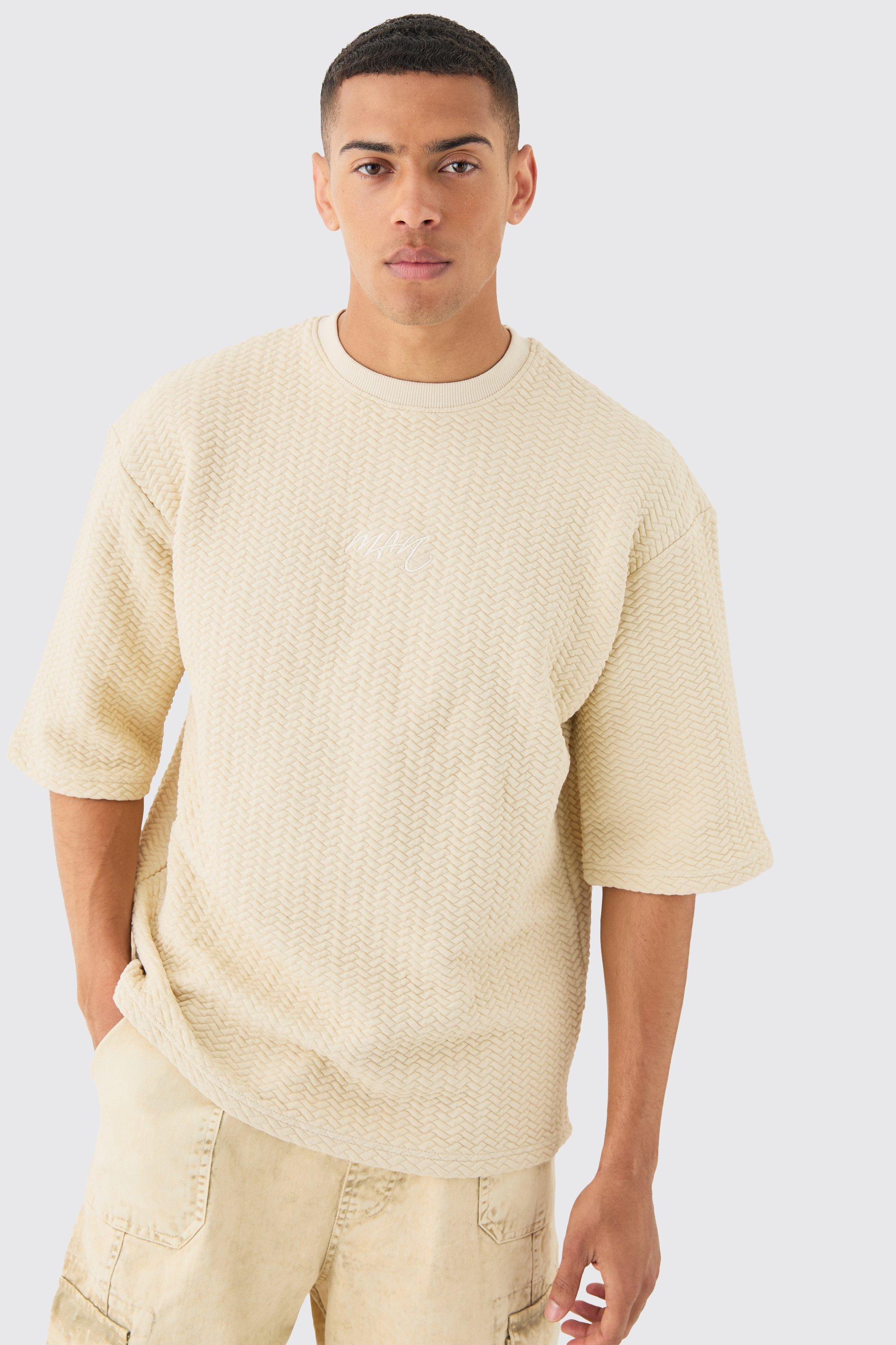 Image of Oversized Quilted Half Sleeve Herringbone Man T-shirt, Beige