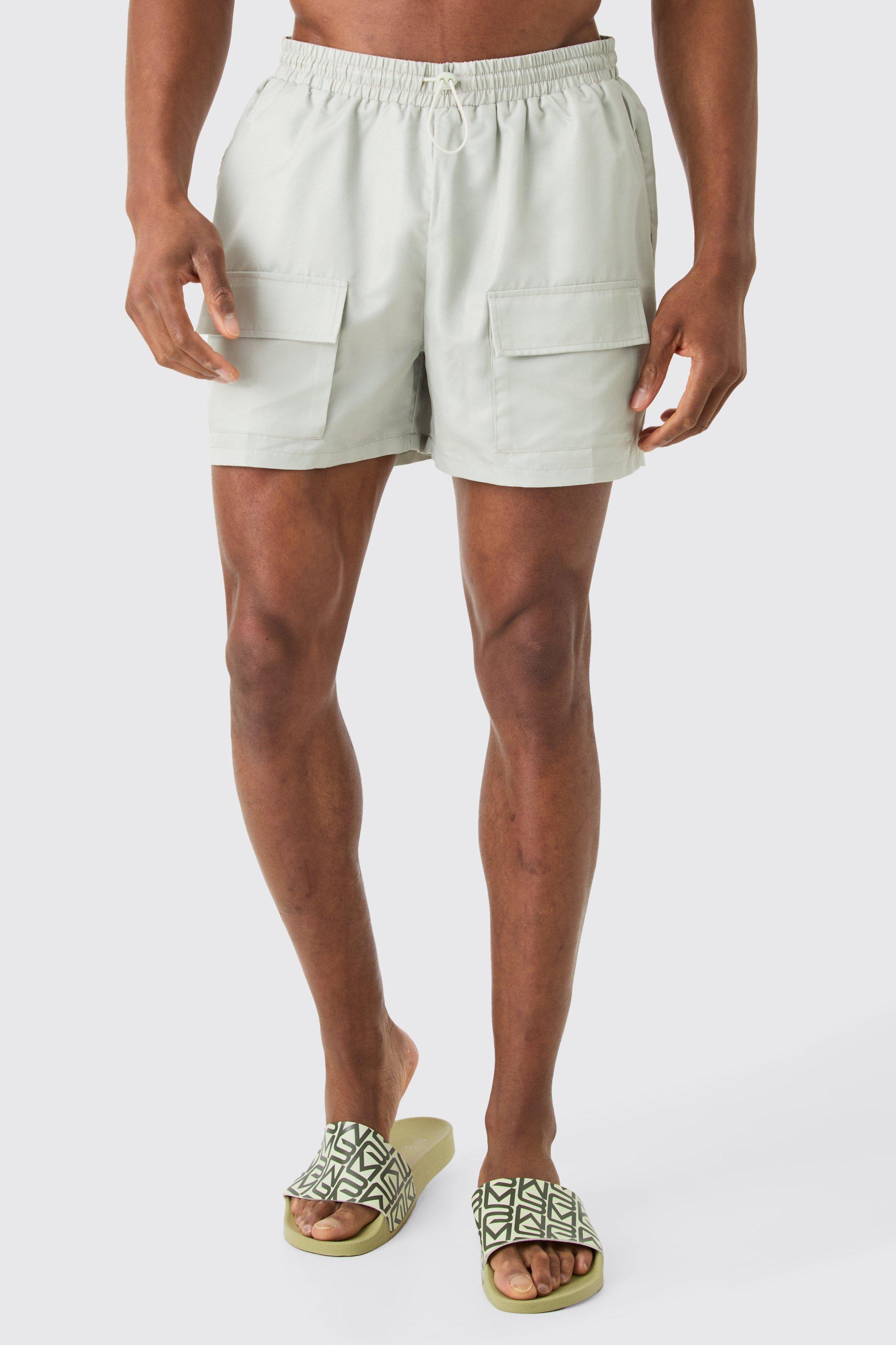 Mens Beige Short Length Cargo Bungee Swim Shorts, Beige