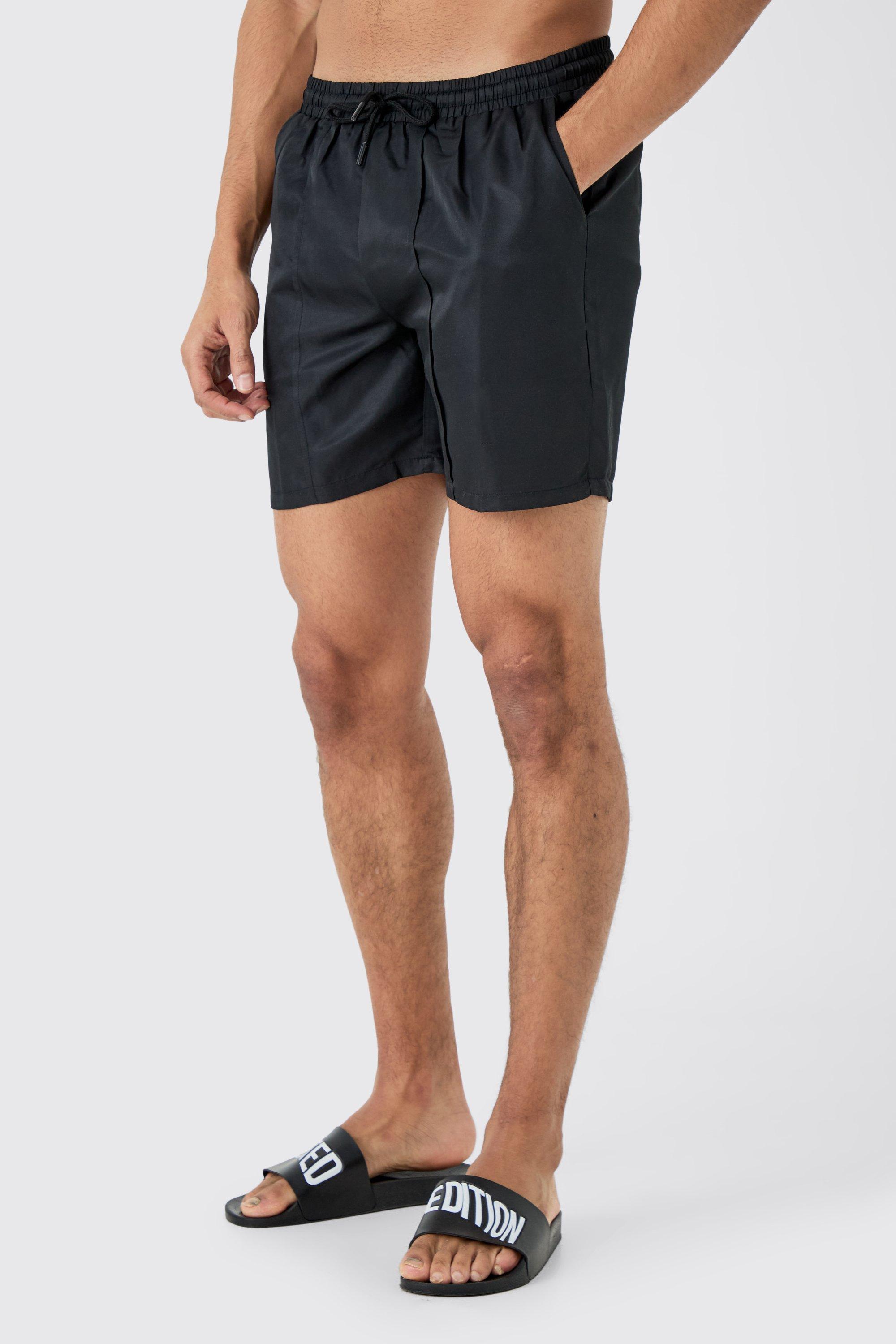 Mens Black Mid Length Pintuck Swim Shorts, Black