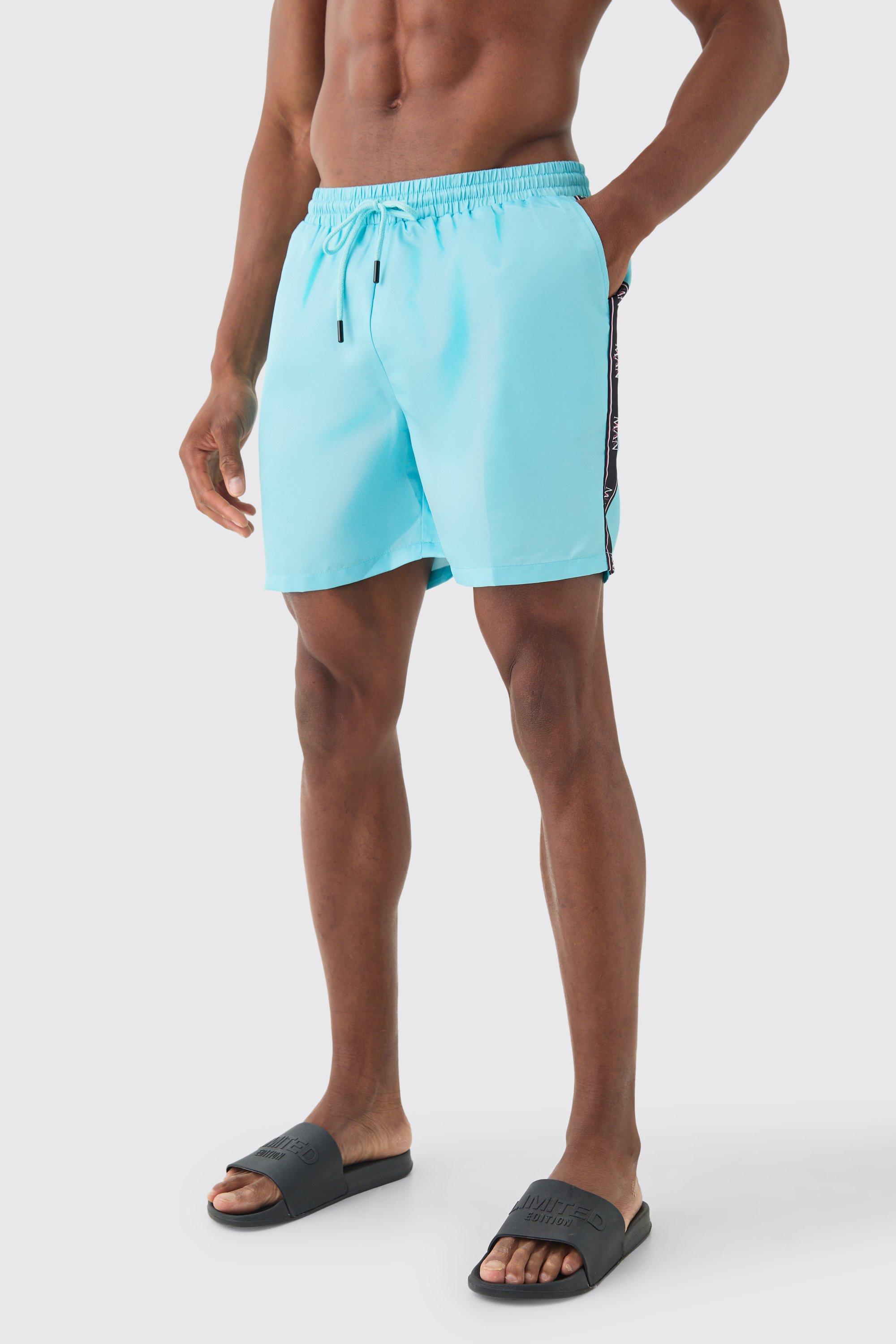 Image of Mid Length Man Tape Swim Shorts, Azzurro