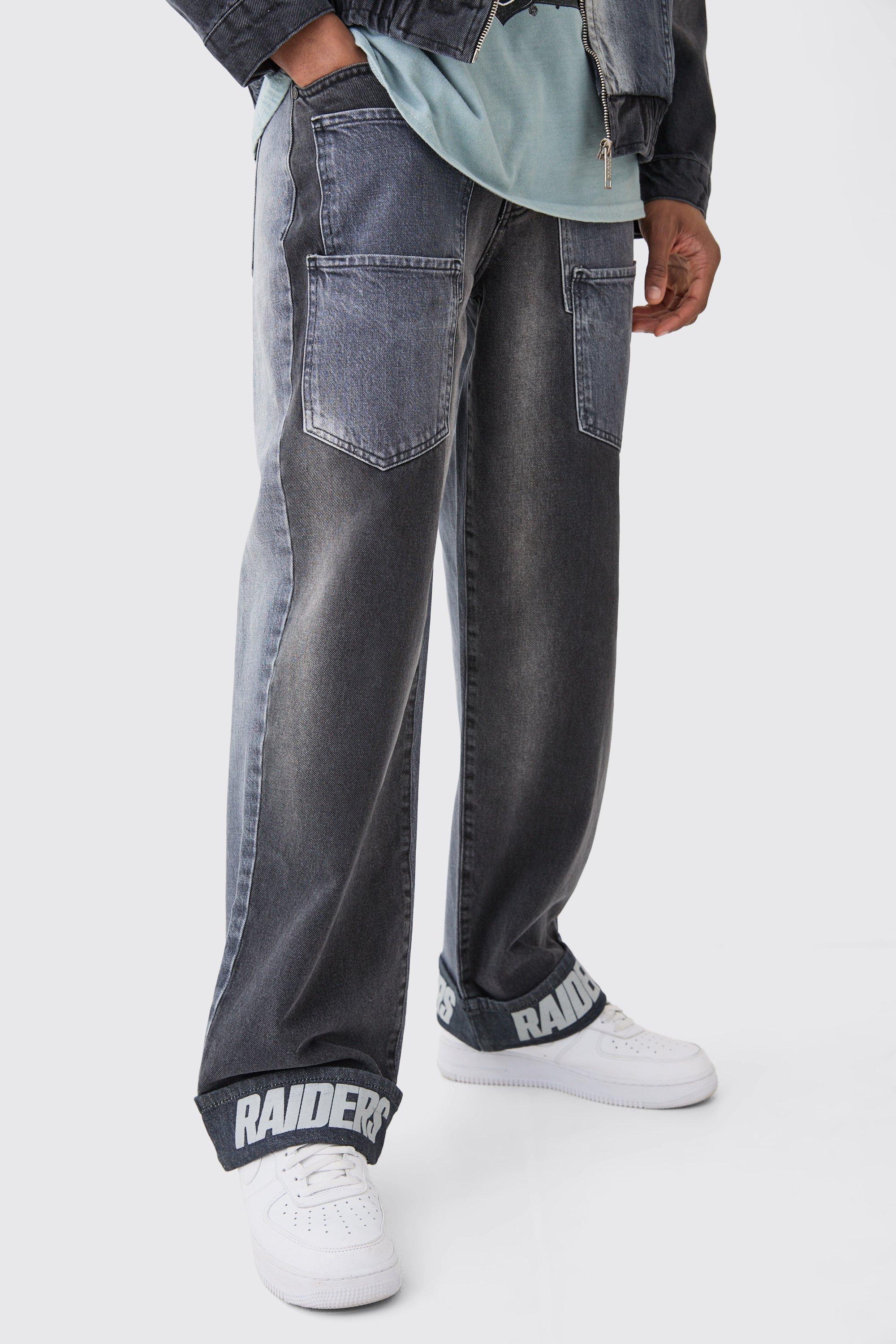mens grey nfl raiders baggy rigid multi pocket spliced jeans, grey