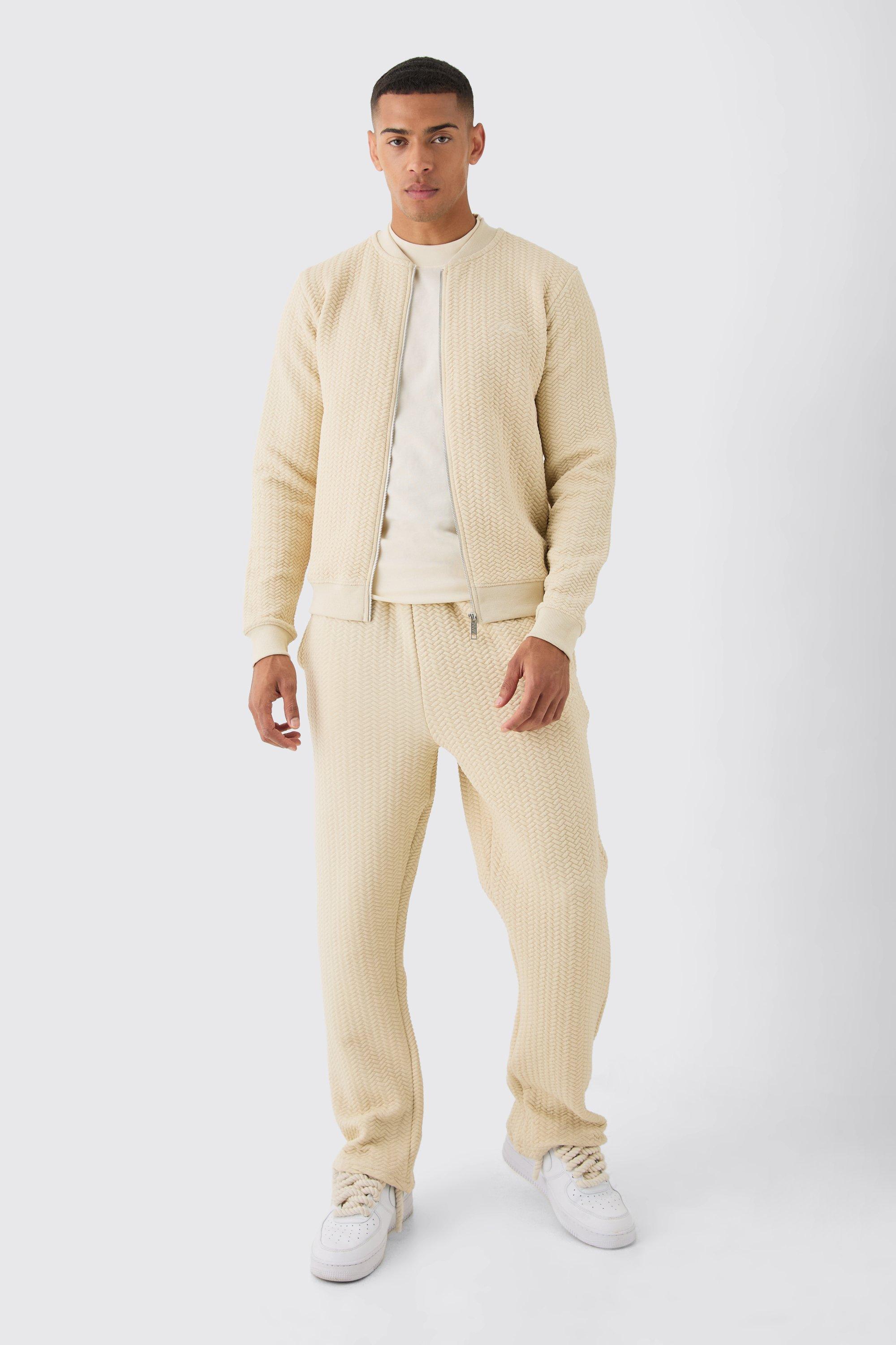 Image of Boxy Quilted Herringbone Embroided Bomber Set, Beige