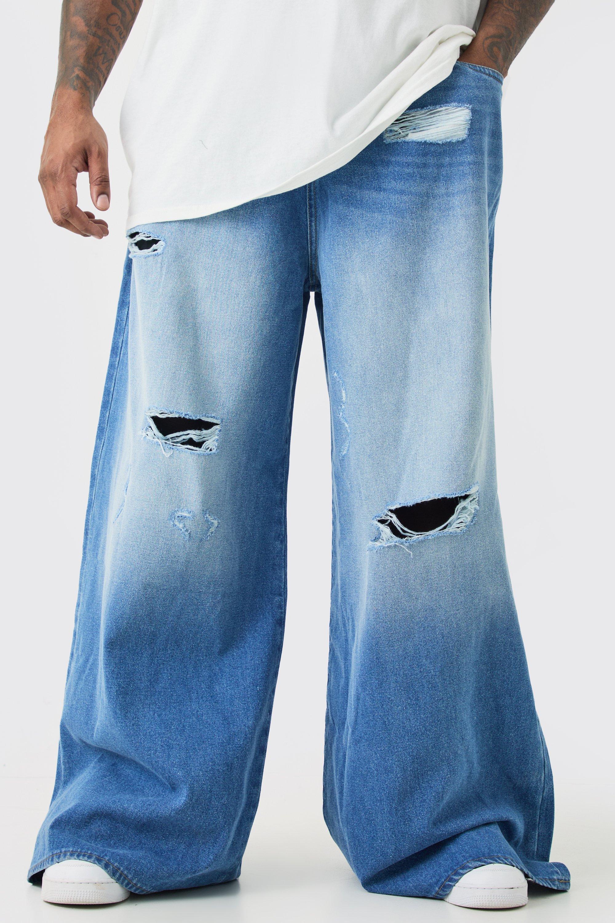 Image of Plus Extreme Baggy Frayed Self Fabric Applique Jeans, Azzurro