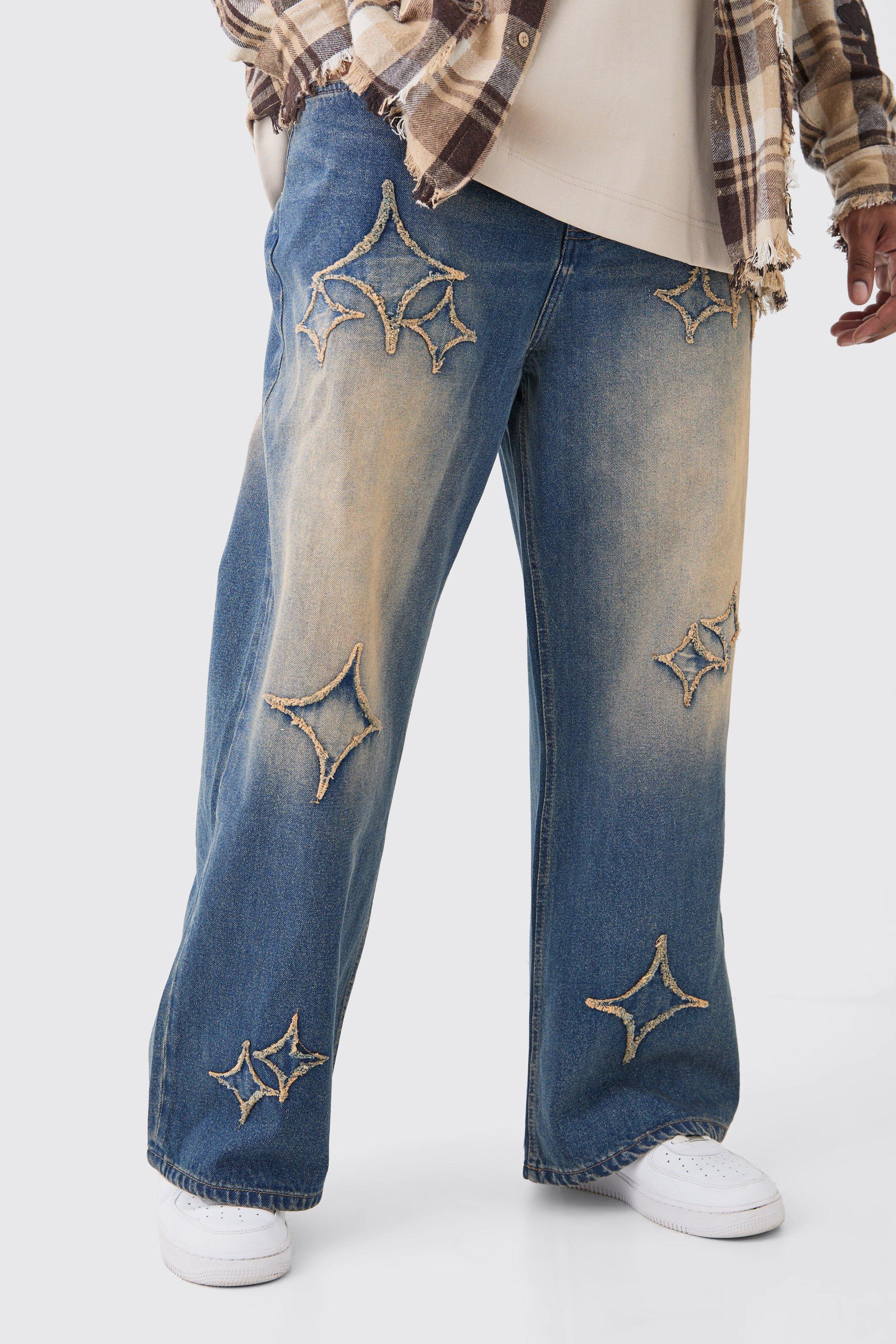 Image of Plus Relaxed Rigid Flare Self Fabric Applique Gusset Jeans, Grigio