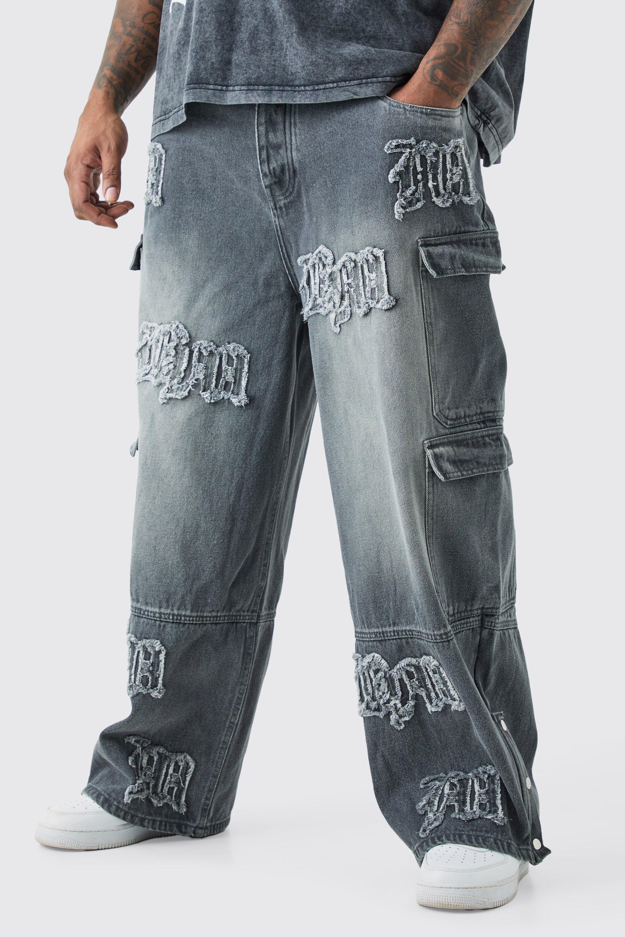 Mens Grey Plus Baggy Rigid BM Applique Multi Pocket Cargo Jeans, Grey