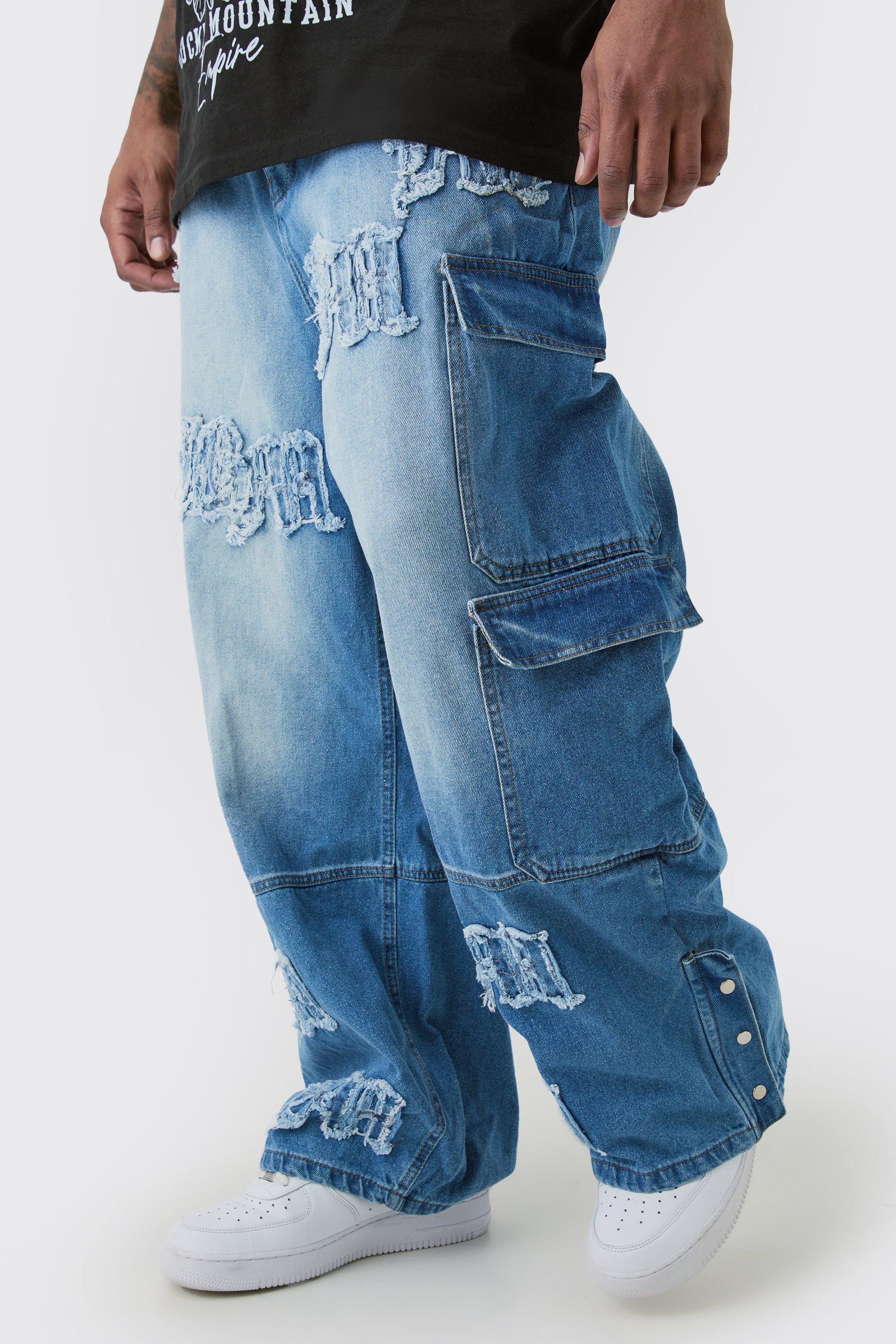Boohoo Plus Baggy Rigid Bm Applique Multi Pocket Cargo Jeans, Light Blue