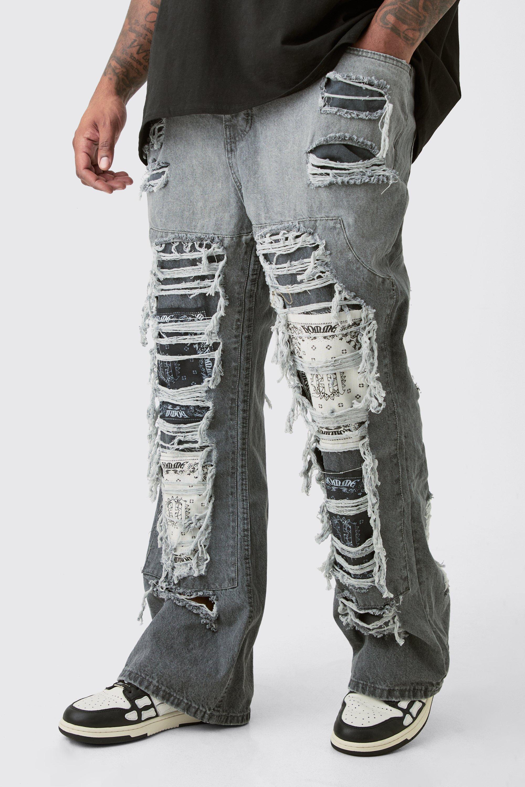 Image of Plus Slim Rigid Flare Rip & Repair Applique Jeans, Grigio