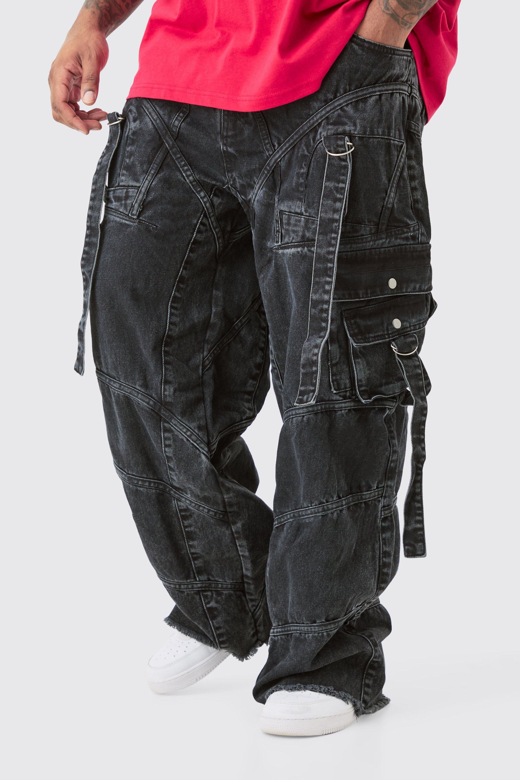 Mens Black Plus Baggy Strap And Buckle Detail Jeans, Black