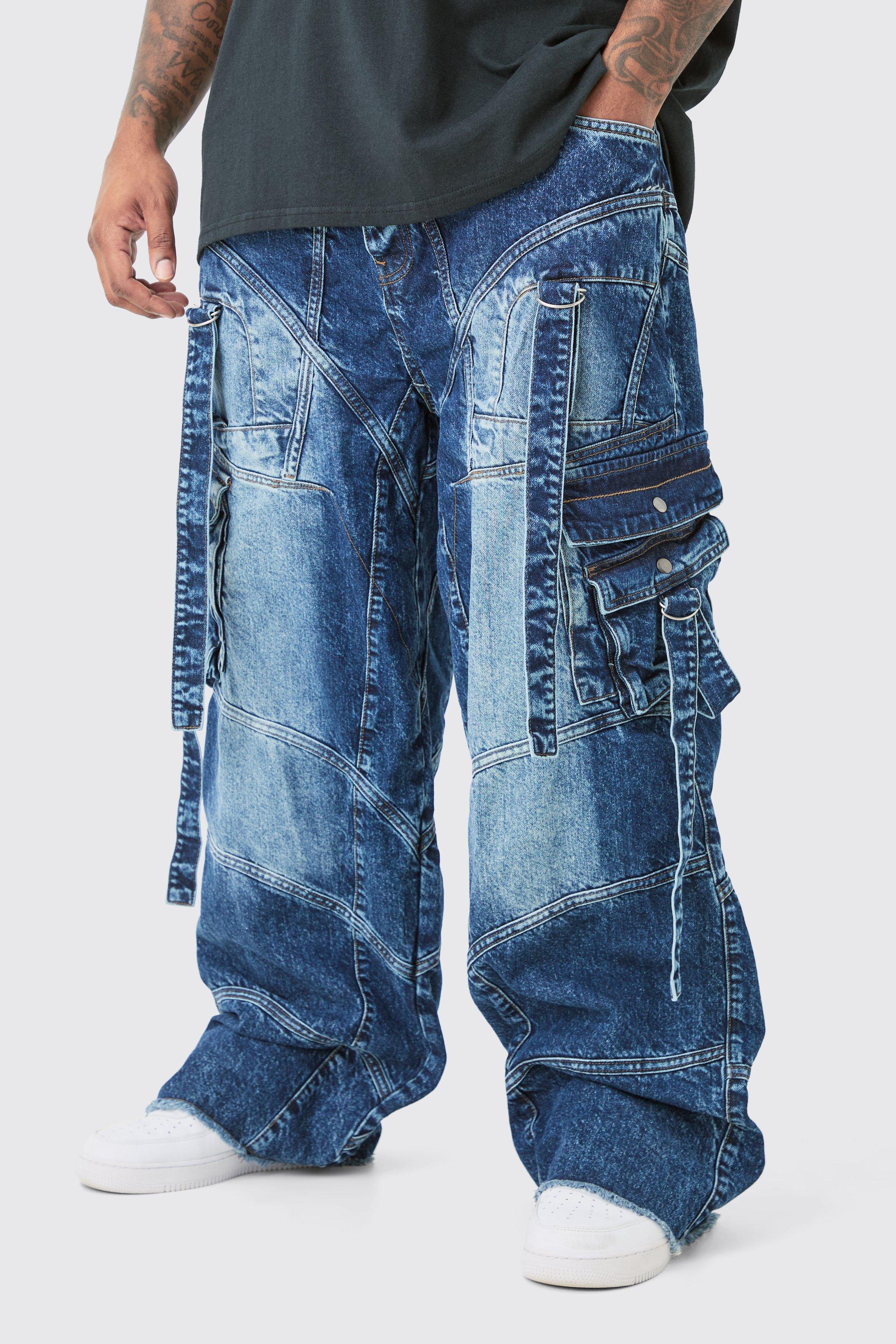 Mens Blue Plus Baggy Rigid Strap And Buckle Detail Jeans, Blue