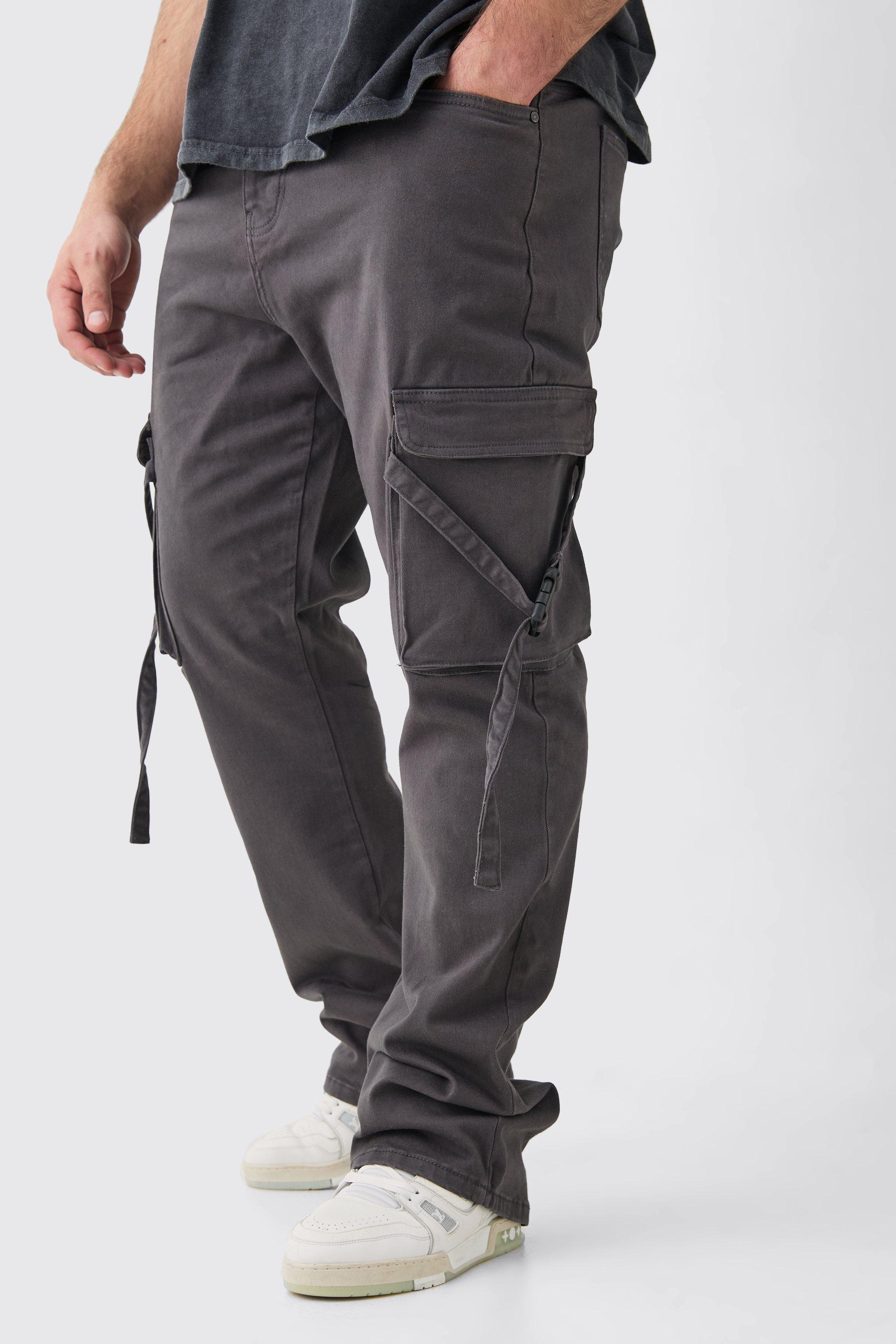 Image of Plus Fixed Waist Slim Stacked Flare Strap Cargo Trouser, Grigio