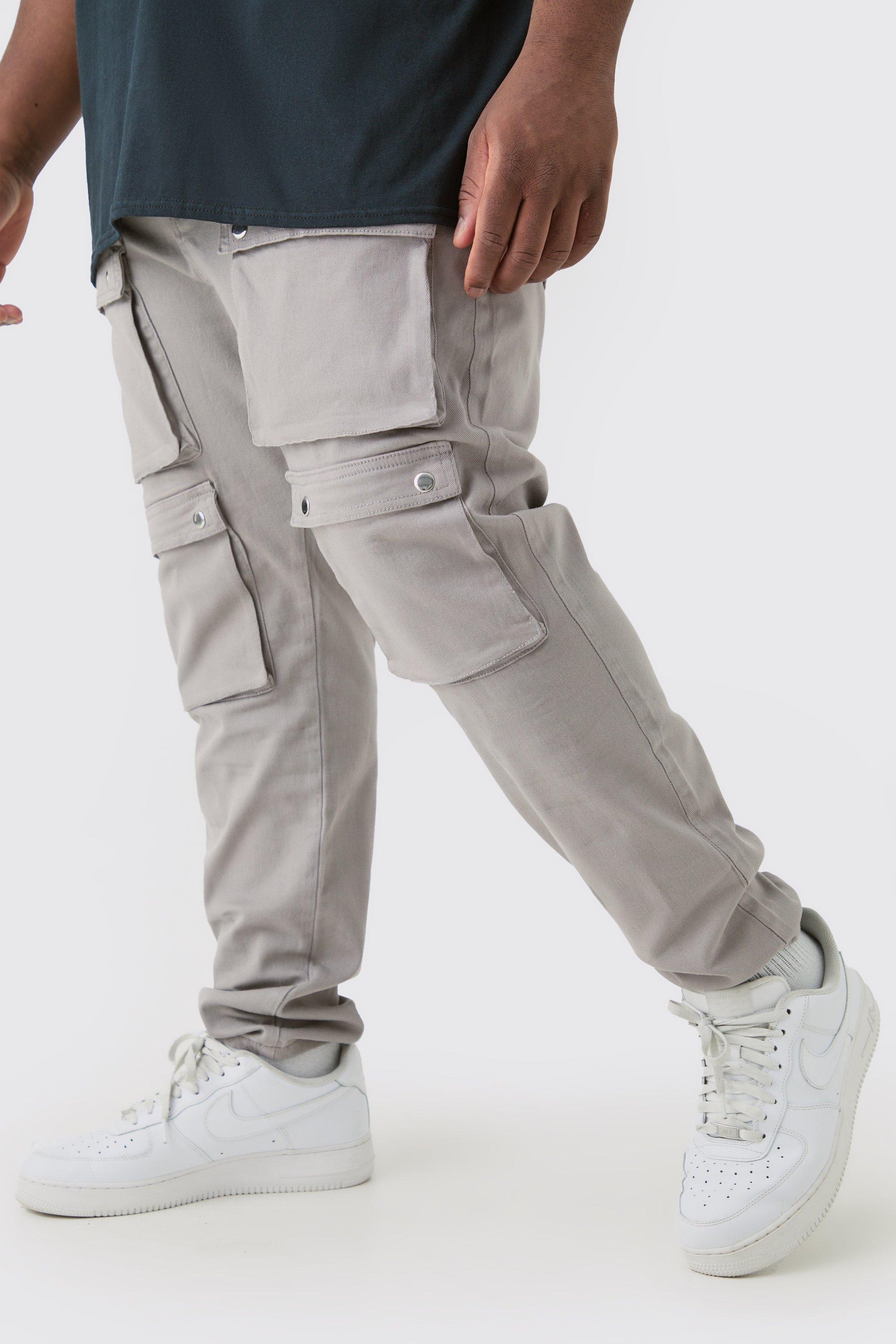 Mens Grey Plus Fixed Waist Skinny Multi Cargo Pocket Trouser, Grey