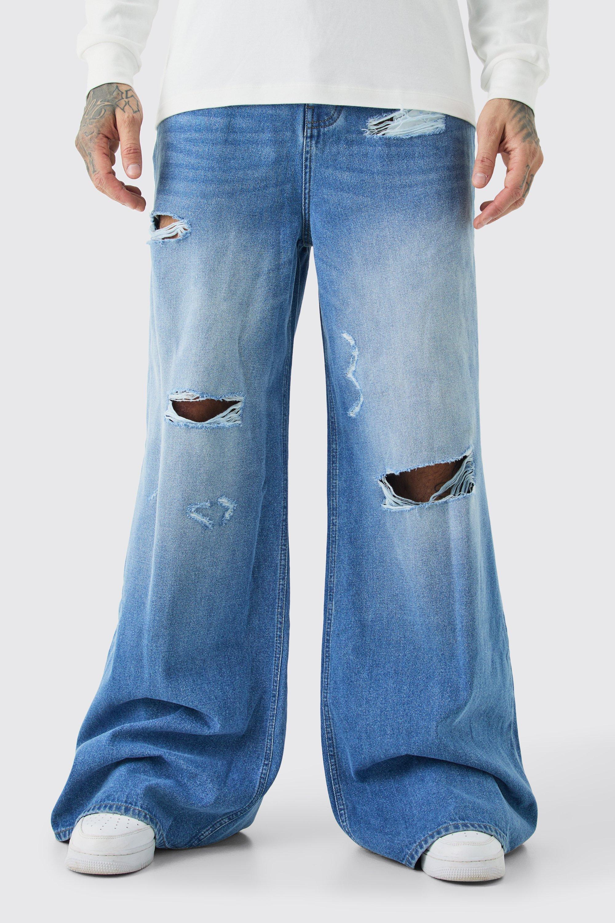 Image of Jeans Tall extra comodi sfilacciati con applique in tessuto, Azzurro