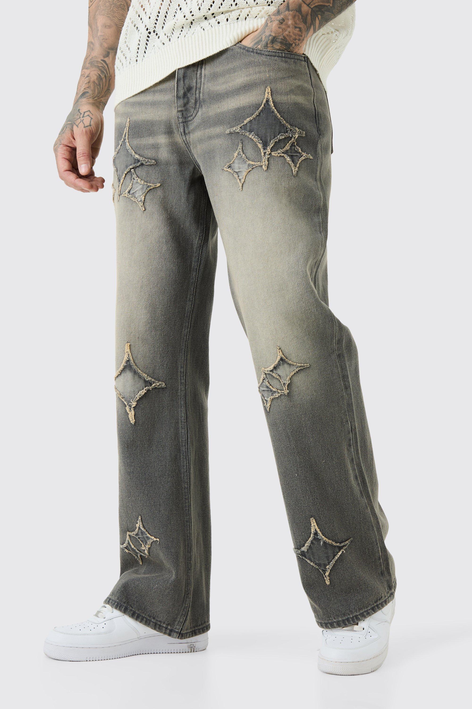 Jeans Tall rilassati a zampa in tessuto rigido con applique e inserti, Grigio