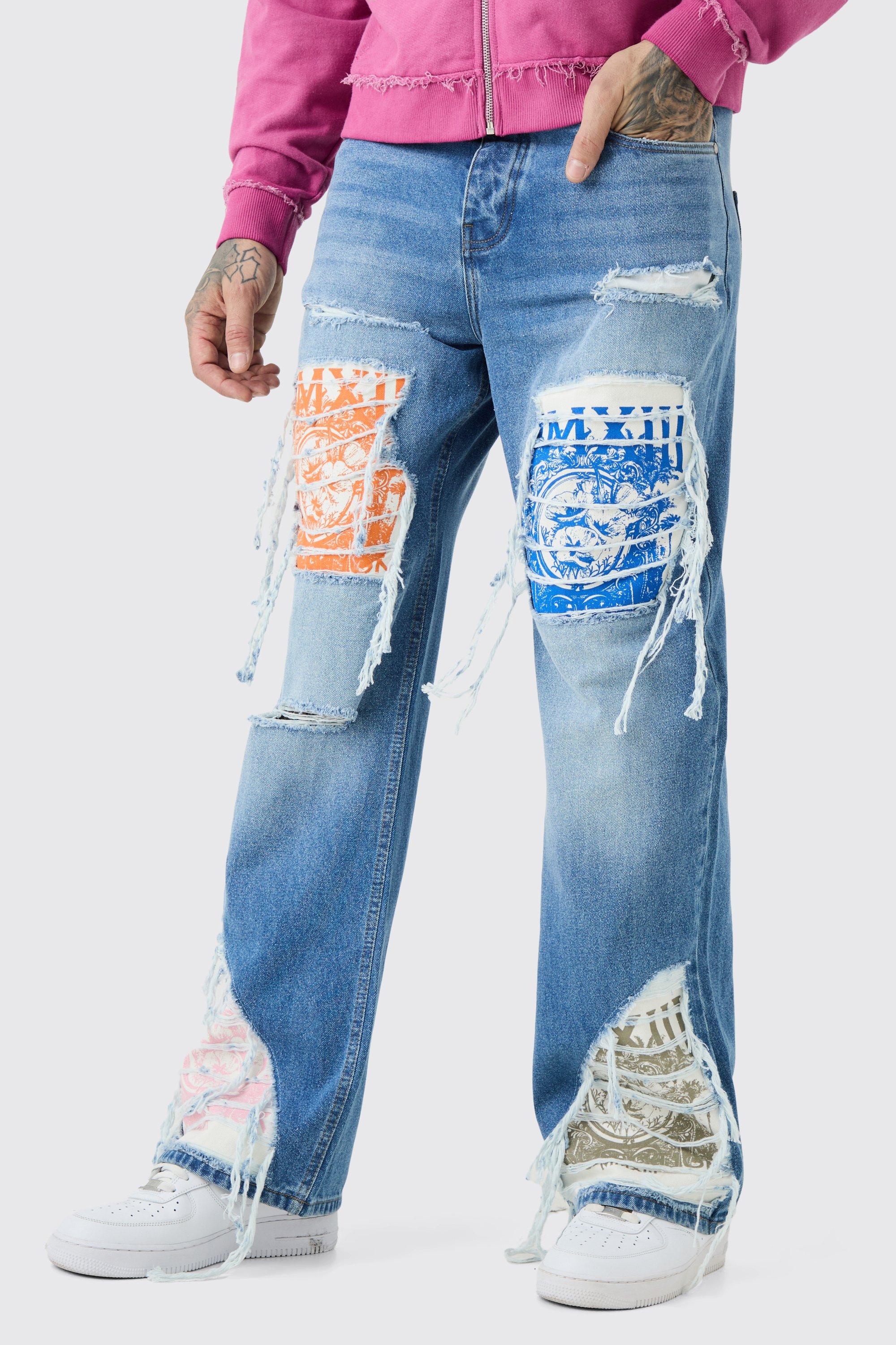 Image of Tall Relaxed Rigid Flare Rip & Repair Applique Jeans, Azzurro