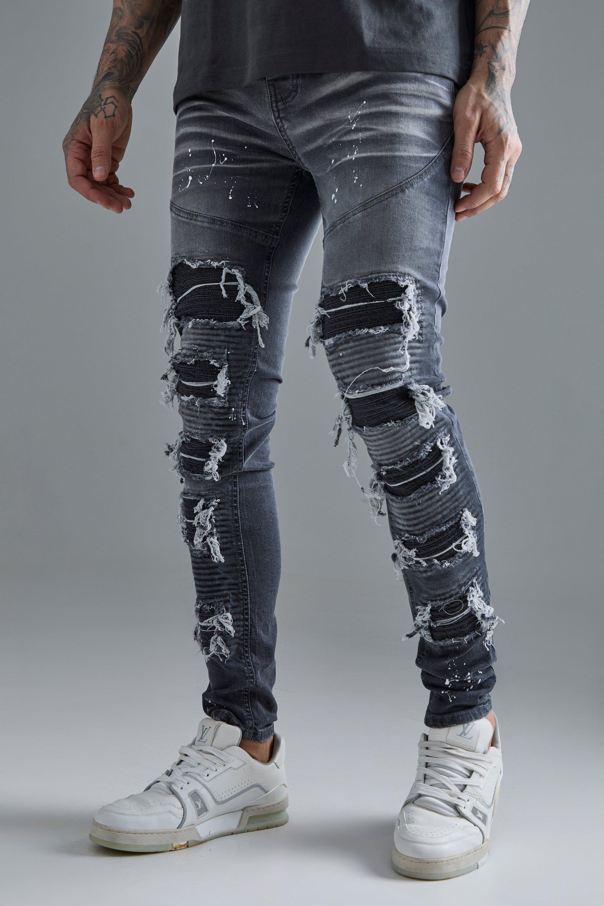 Mens Grey Tall Super Skinny Pu Biker Rip & Repair Paint Splatter Jeans, Grey