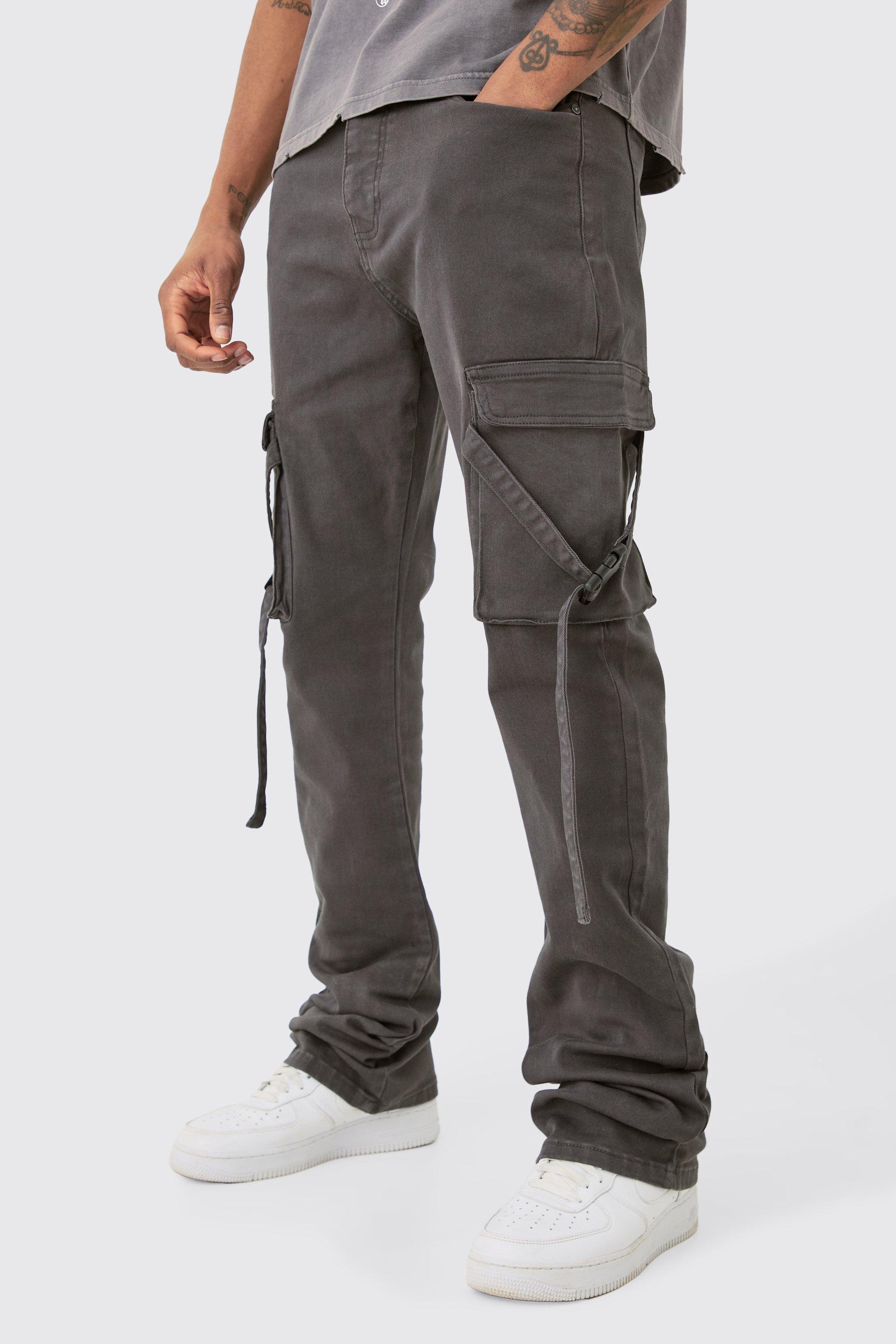 Pantaloni Cargo Tall Slim Fit con vita fissa, pieghe sul fondo e spalline svasate, Grigio