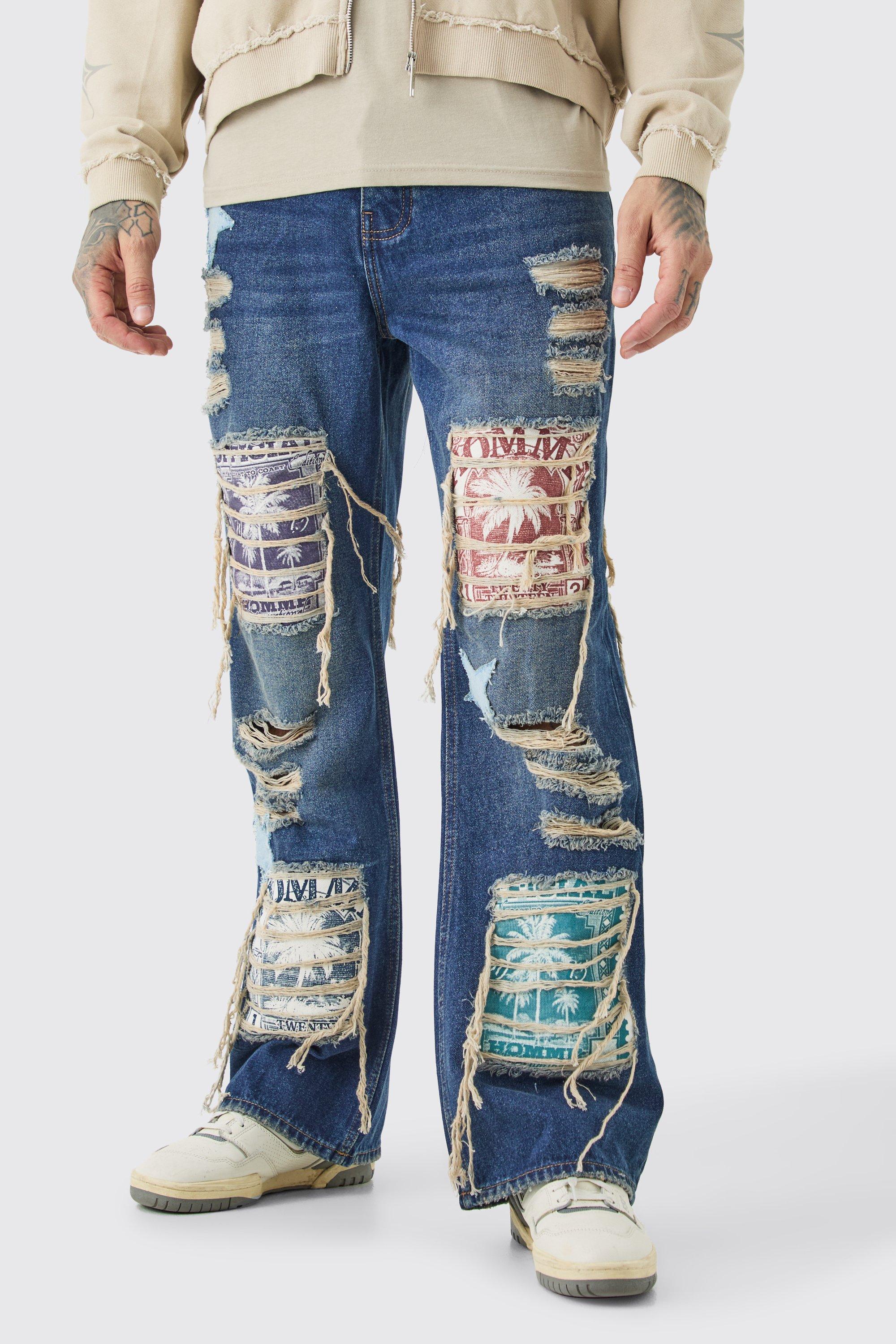 Image of Jeans Tall rilassati in denim rigido con applique a zampa, Azzurro
