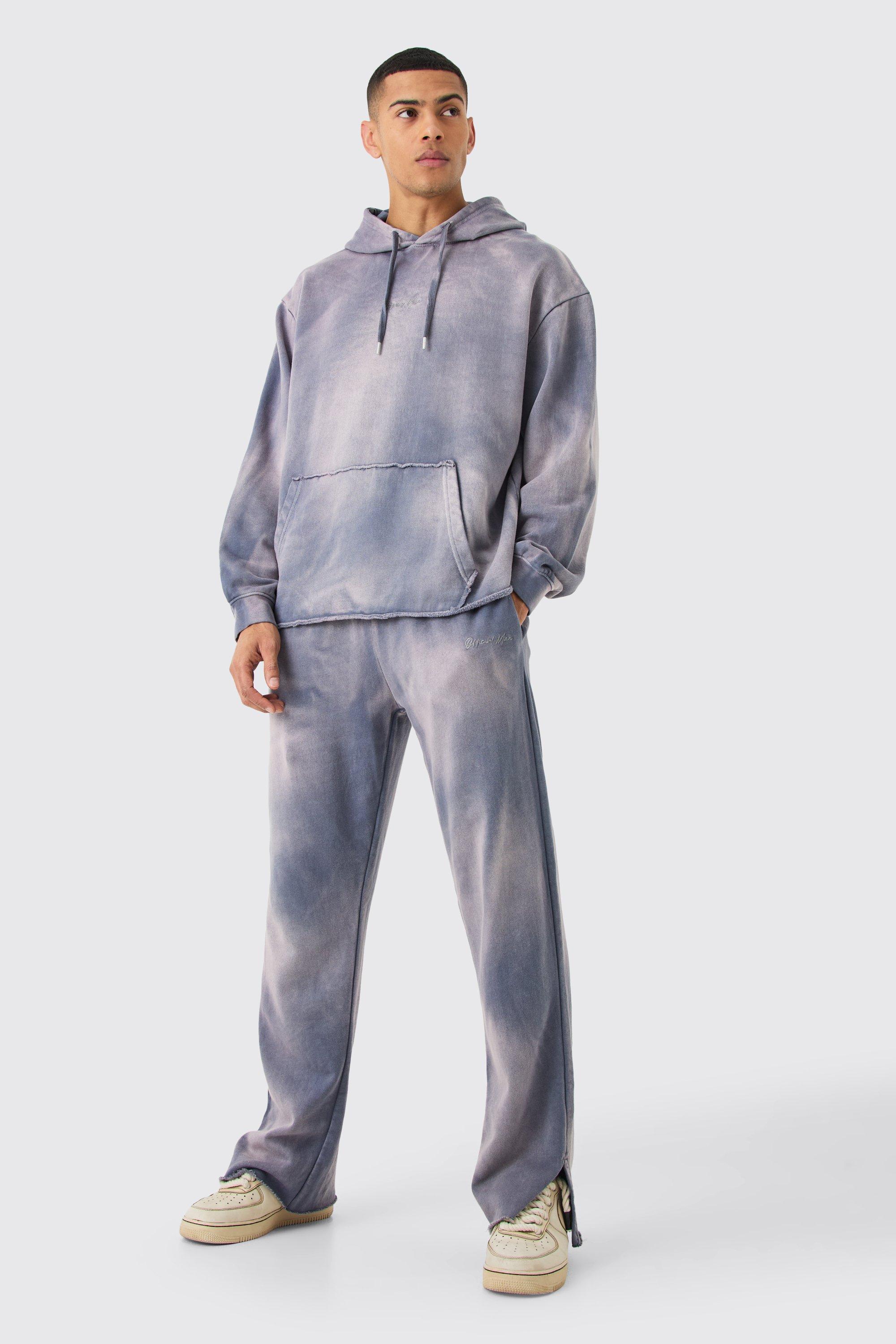 Image of Man Embroidery Oversized Sun Bleached Wash Hooded Tracksuit, Purple