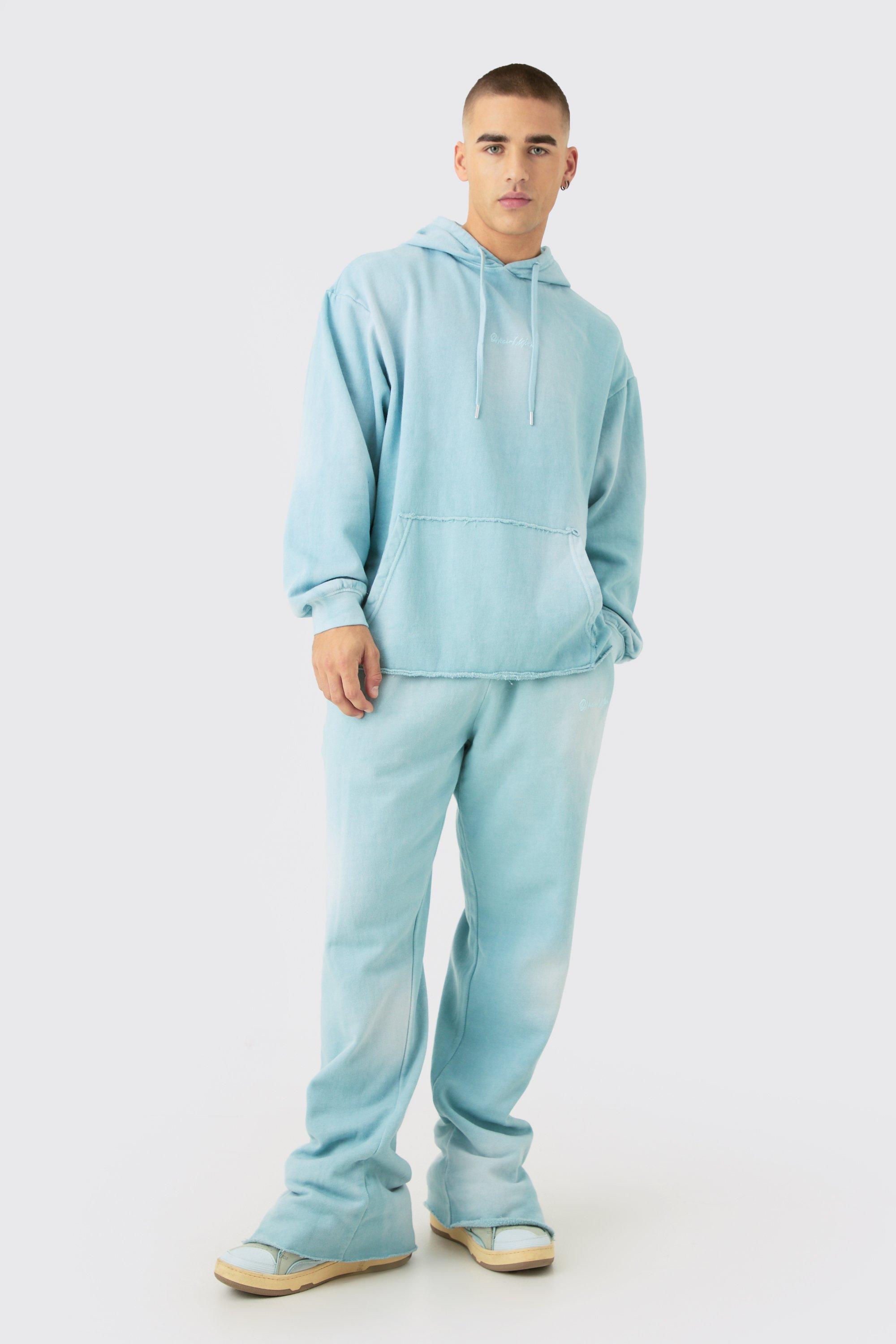 Image of Man Embroidery Oversized Sun Bleached Wash Hooded Tracksuit, Azzurro