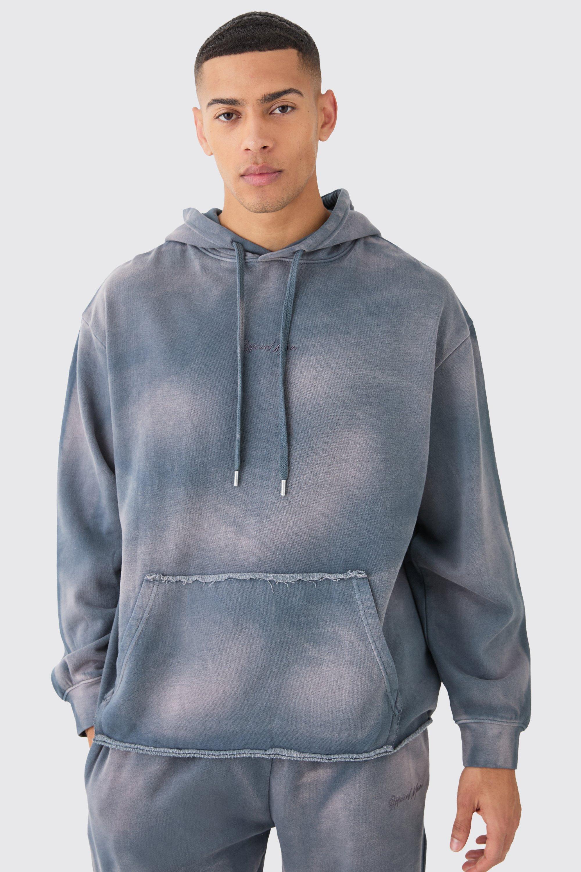 Image of Man Embroidery Oversized Sun Bleached Wash Hoodie, Grigio