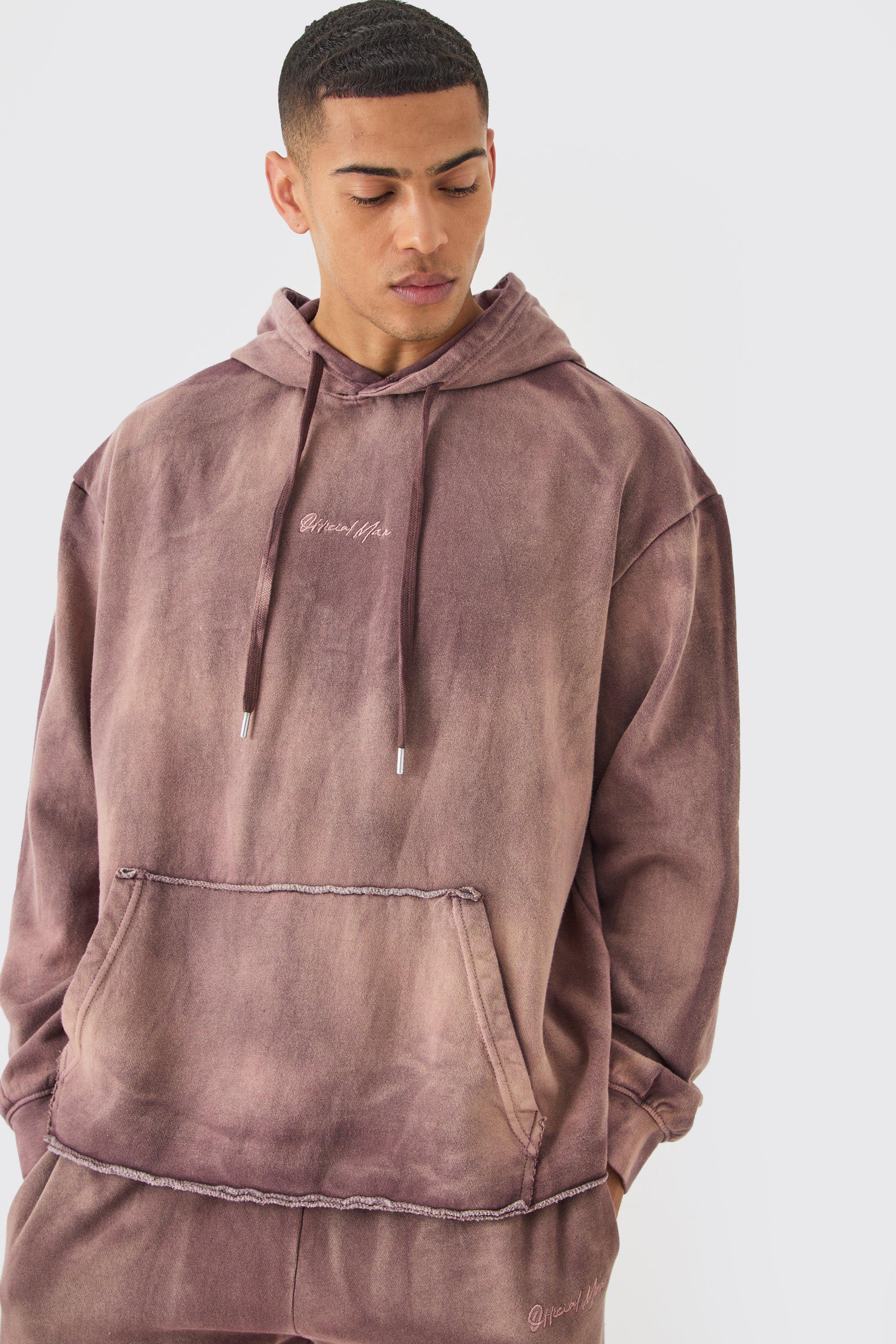 Image of Man Embroidery Oversized Sun Bleached Wash Hoodie, Brown