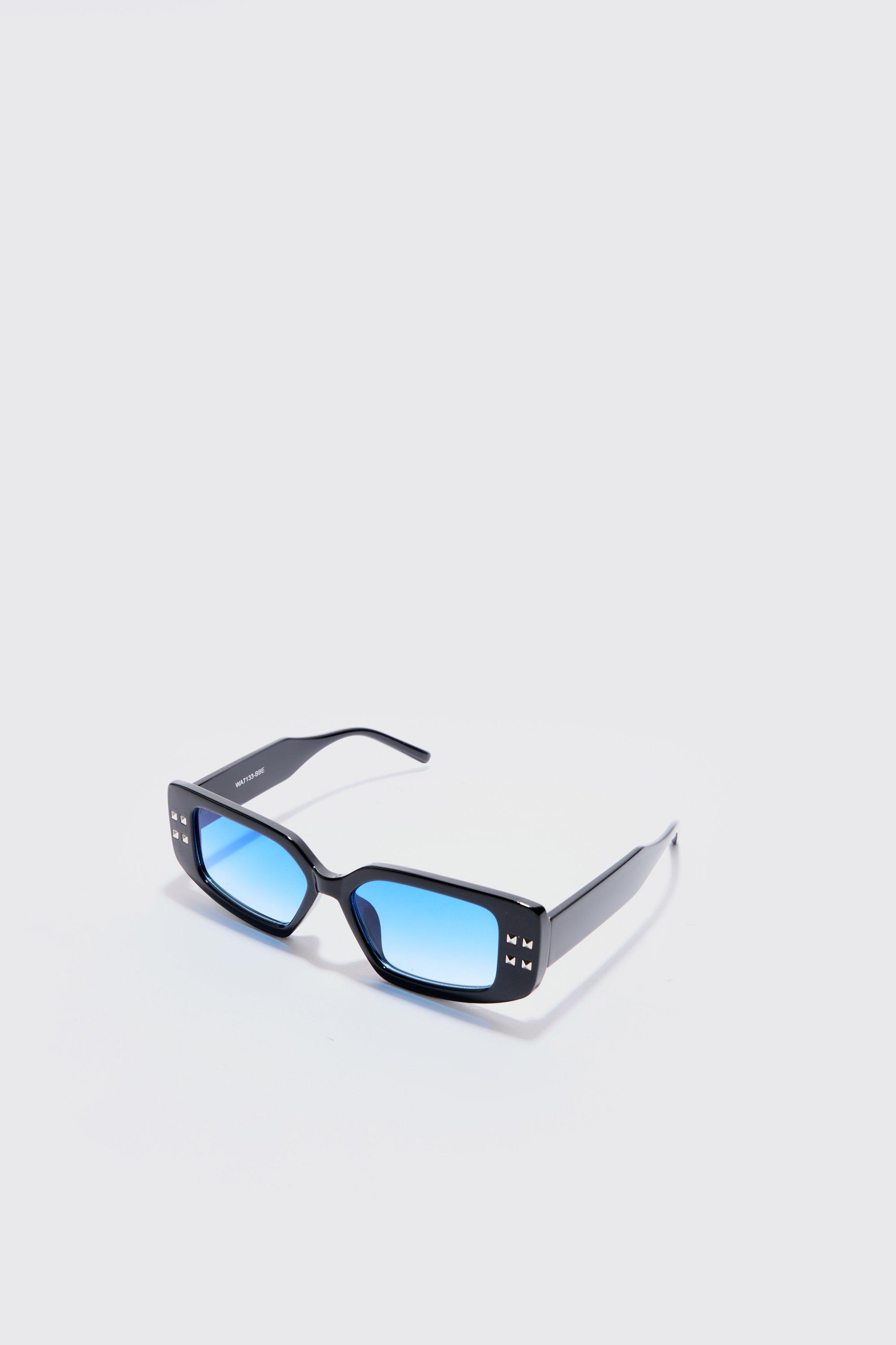 Image of Chunky Rectangle Sunglasses With Blue Lens In Black, Nero