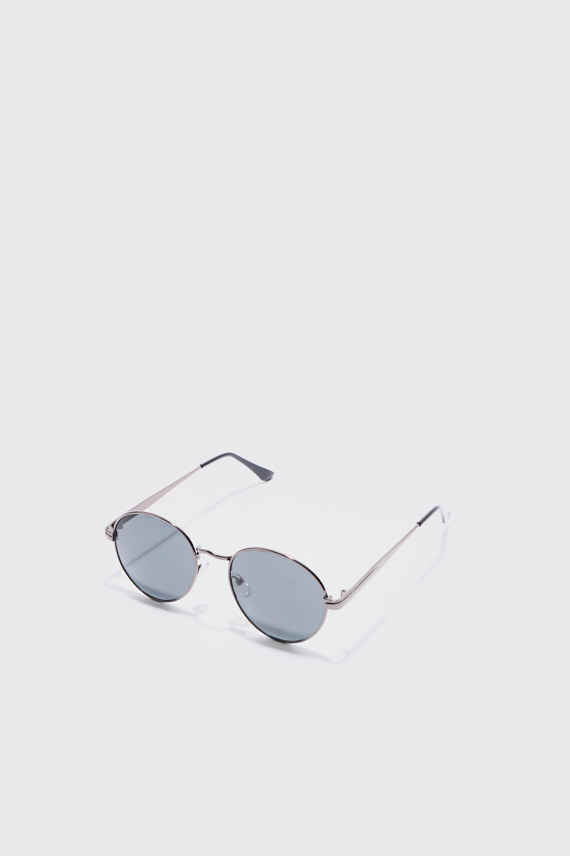 Mens Grey Metal Round Sunglasses In Silver, Grey