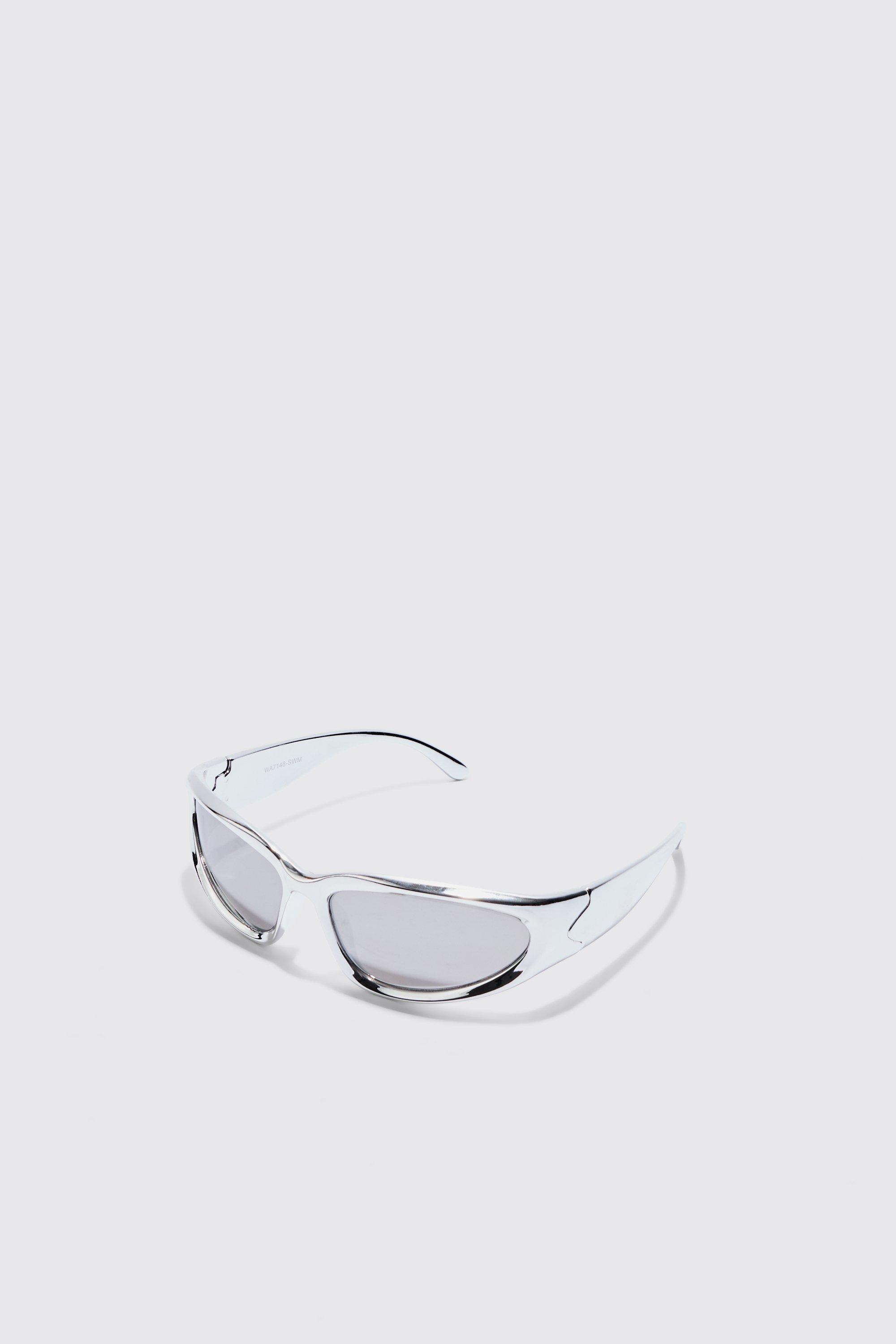 Mens Grey Wrap Around Sunglasses In Silver, Grey