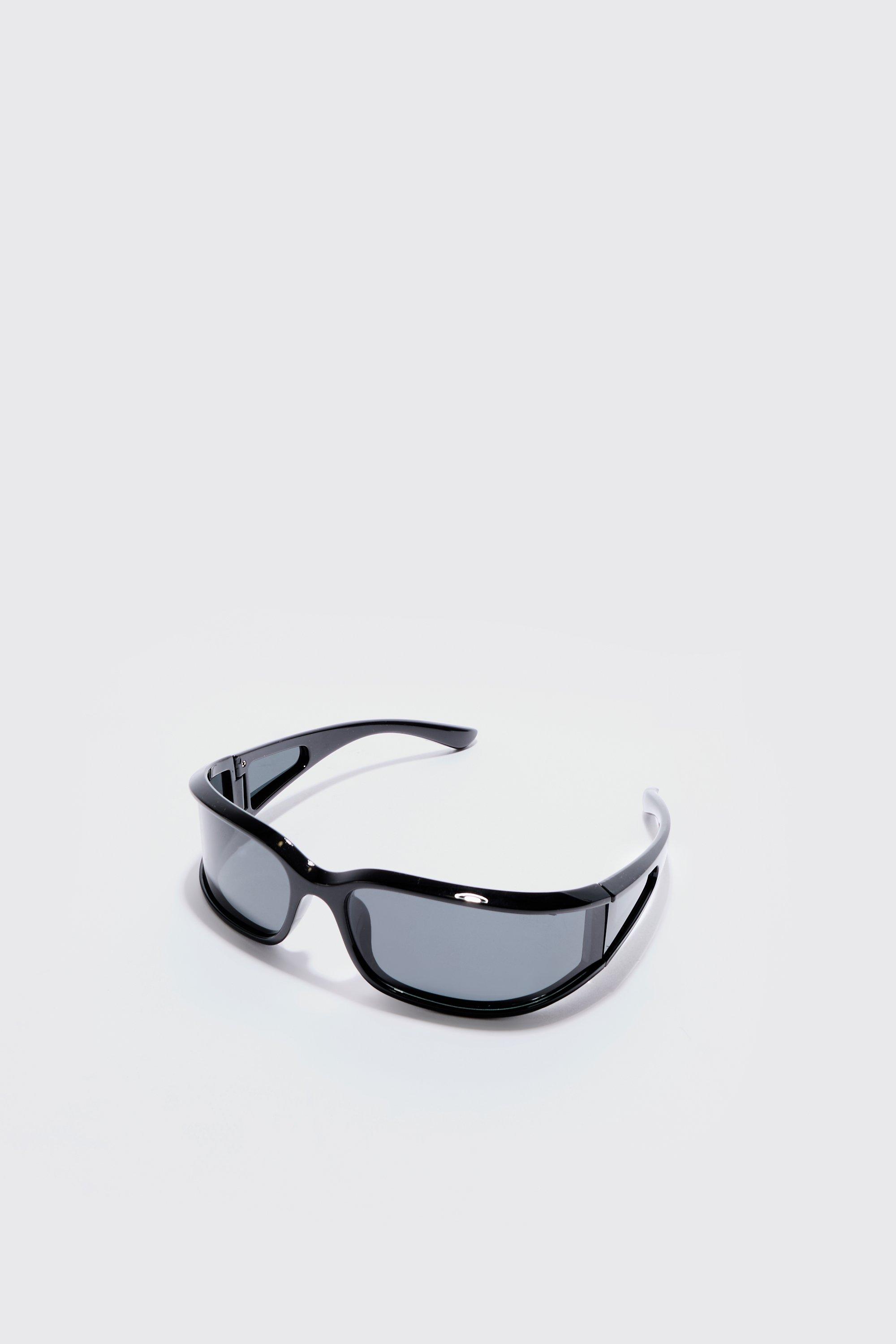 Image of Wrap Around Rectangle Sunglasses In Black, Nero