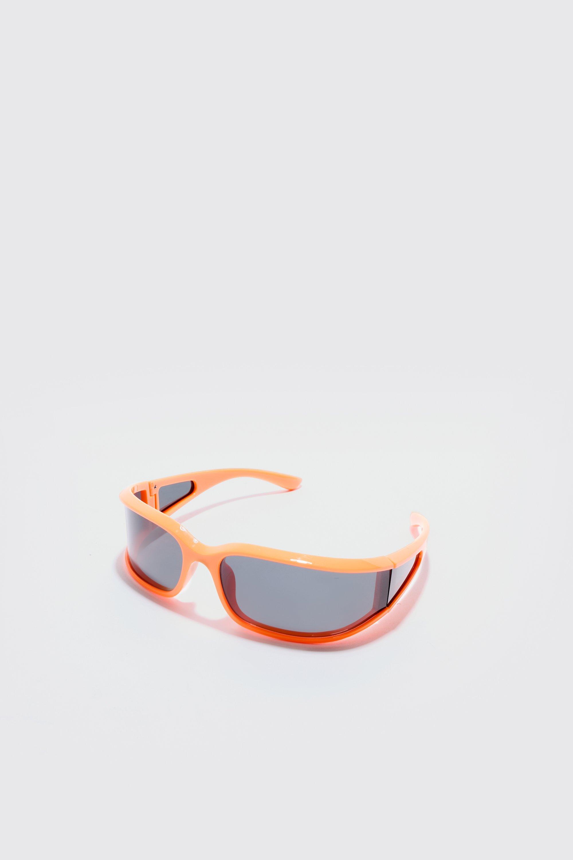 Mens Wrap Around Rectangle Sunglasses In Orange, Orange