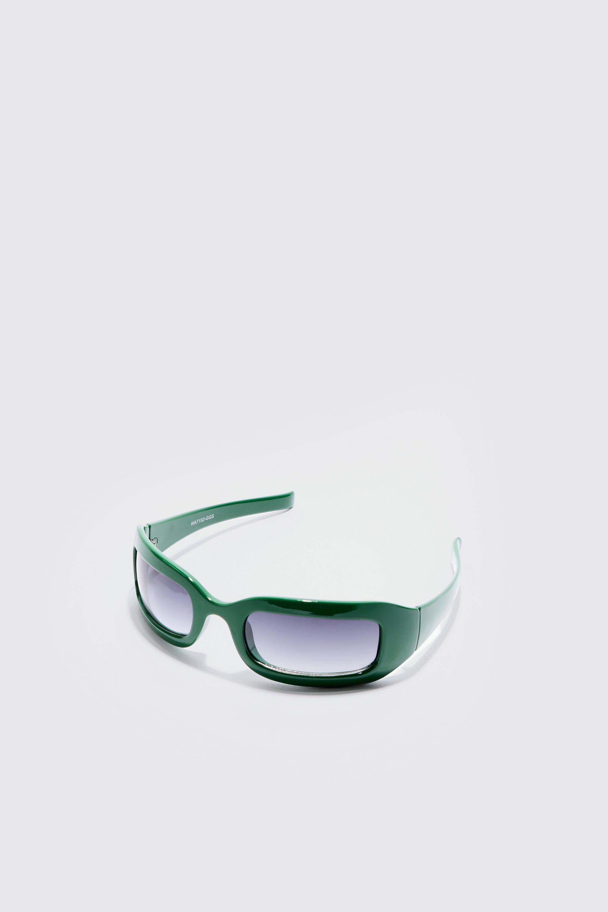 Image of Chunky Wrap Around Rectangle Sunglasses In Green, Verde
