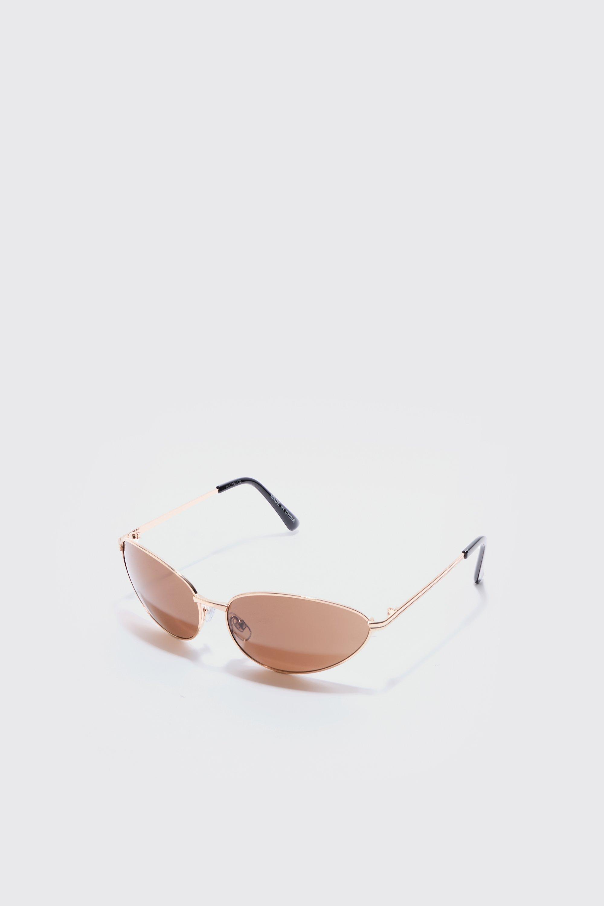 Image of Angled Metal Sunglasses With Brown Lens In Gold, Metallics