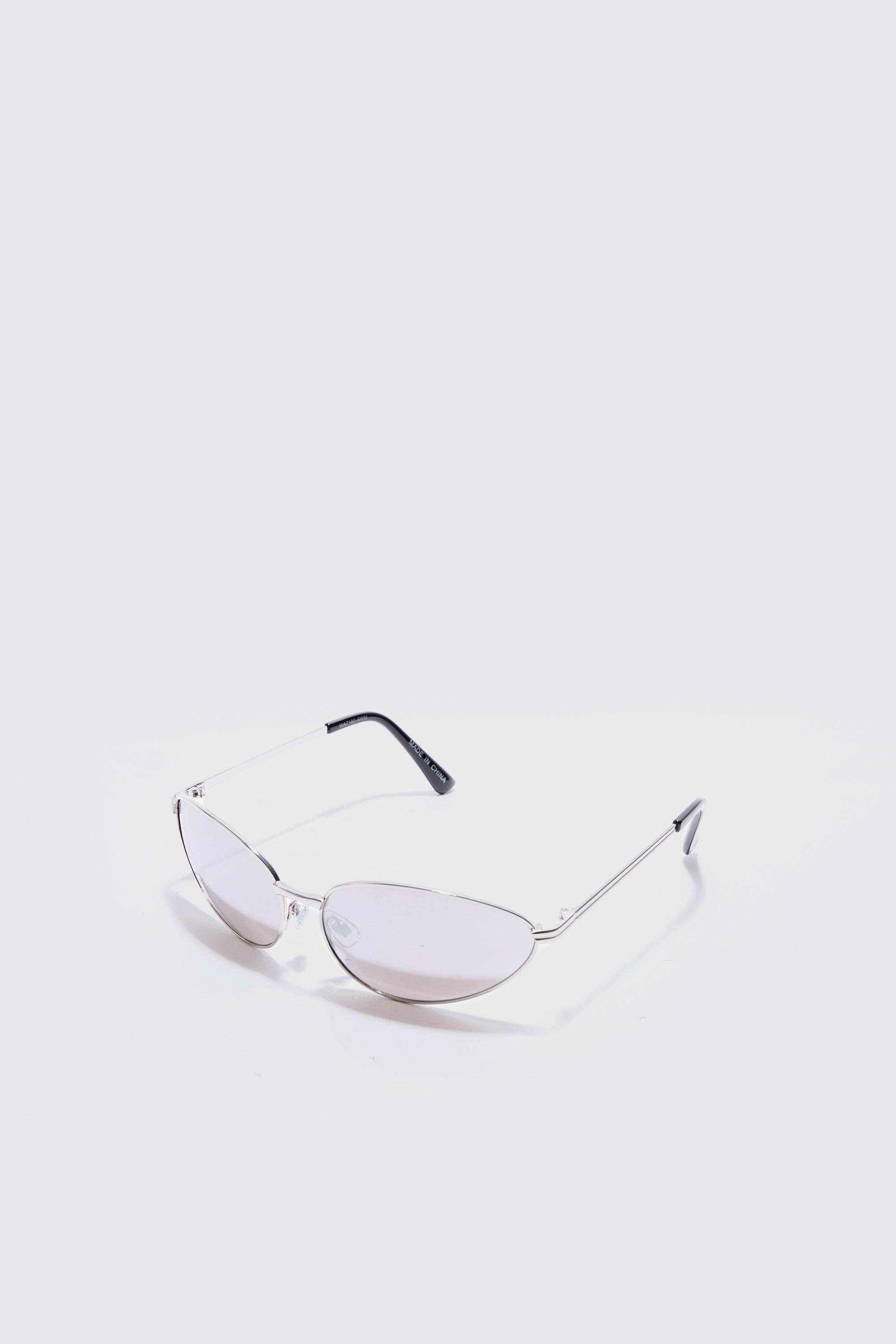 Image of Angled Metal Sunglasses With Silver Lens In Silver, Grigio
