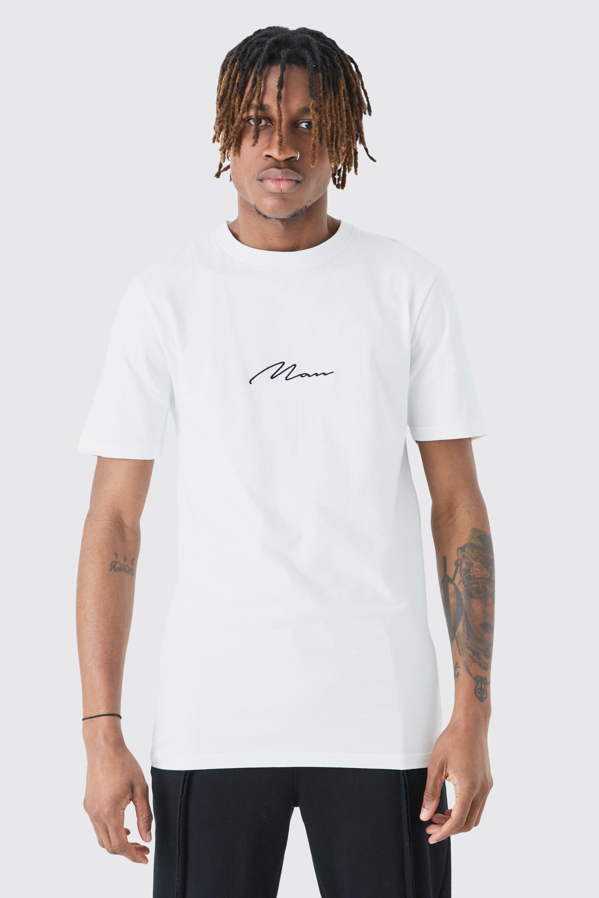 Image of T-shirt Tall attillata con firma Man, Bianco