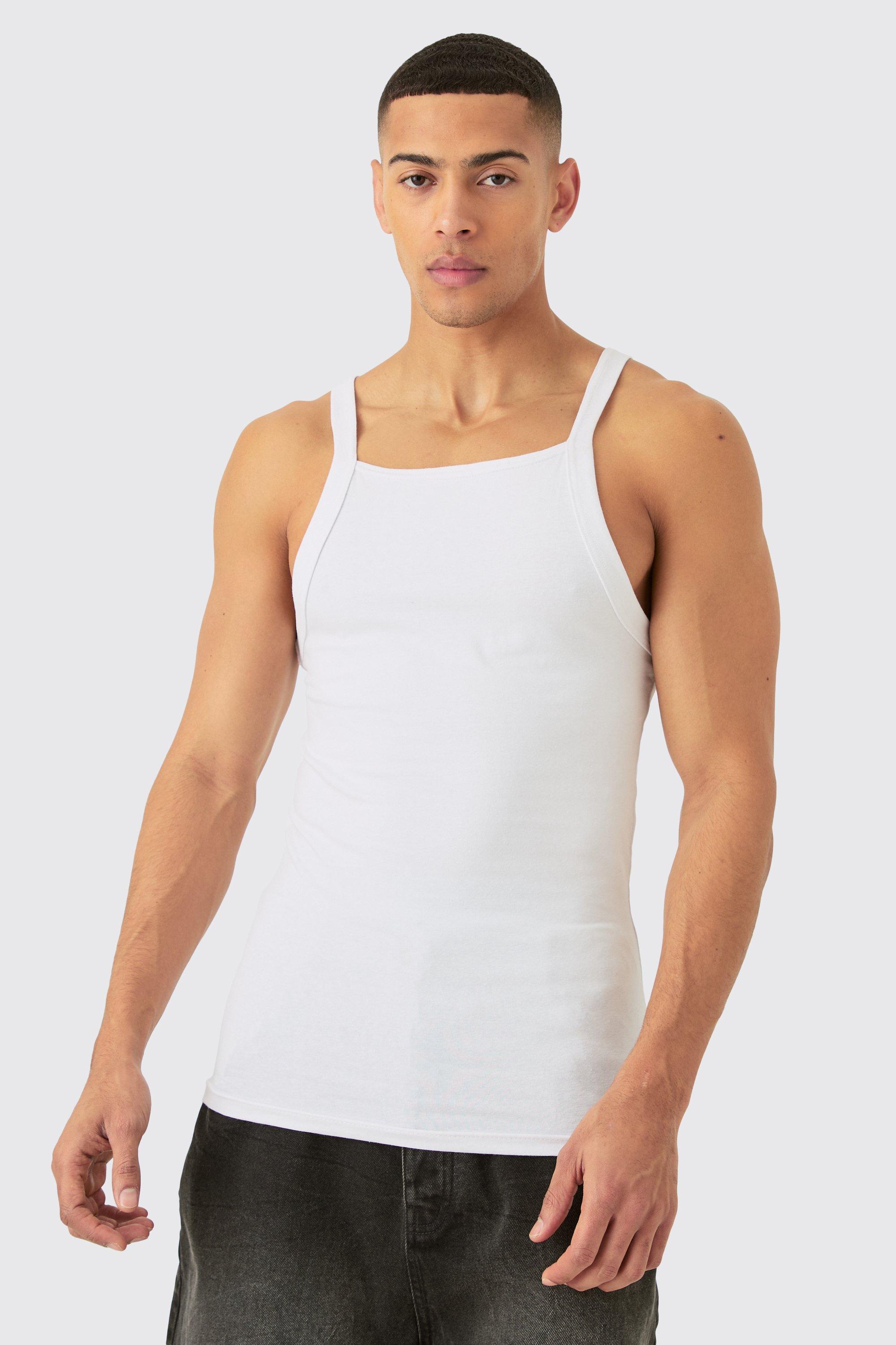 Mens White Slim Straight Neck Vest, White